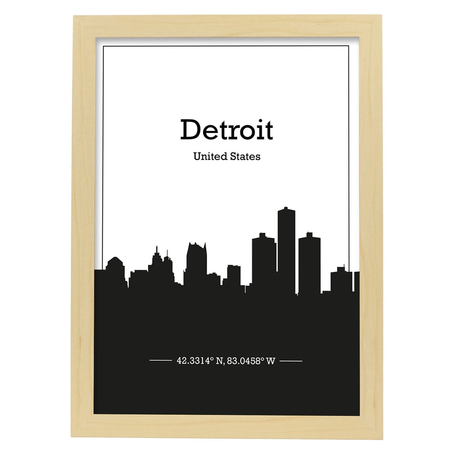 Poster con mapa de Detriot - USA. Láminas con Skyline de ciudades de Estados Unidos, Canada, Mexico con sombra negra.-Artwork-Nacnic-A3-Marco Madera clara-Nacnic Estudio SL