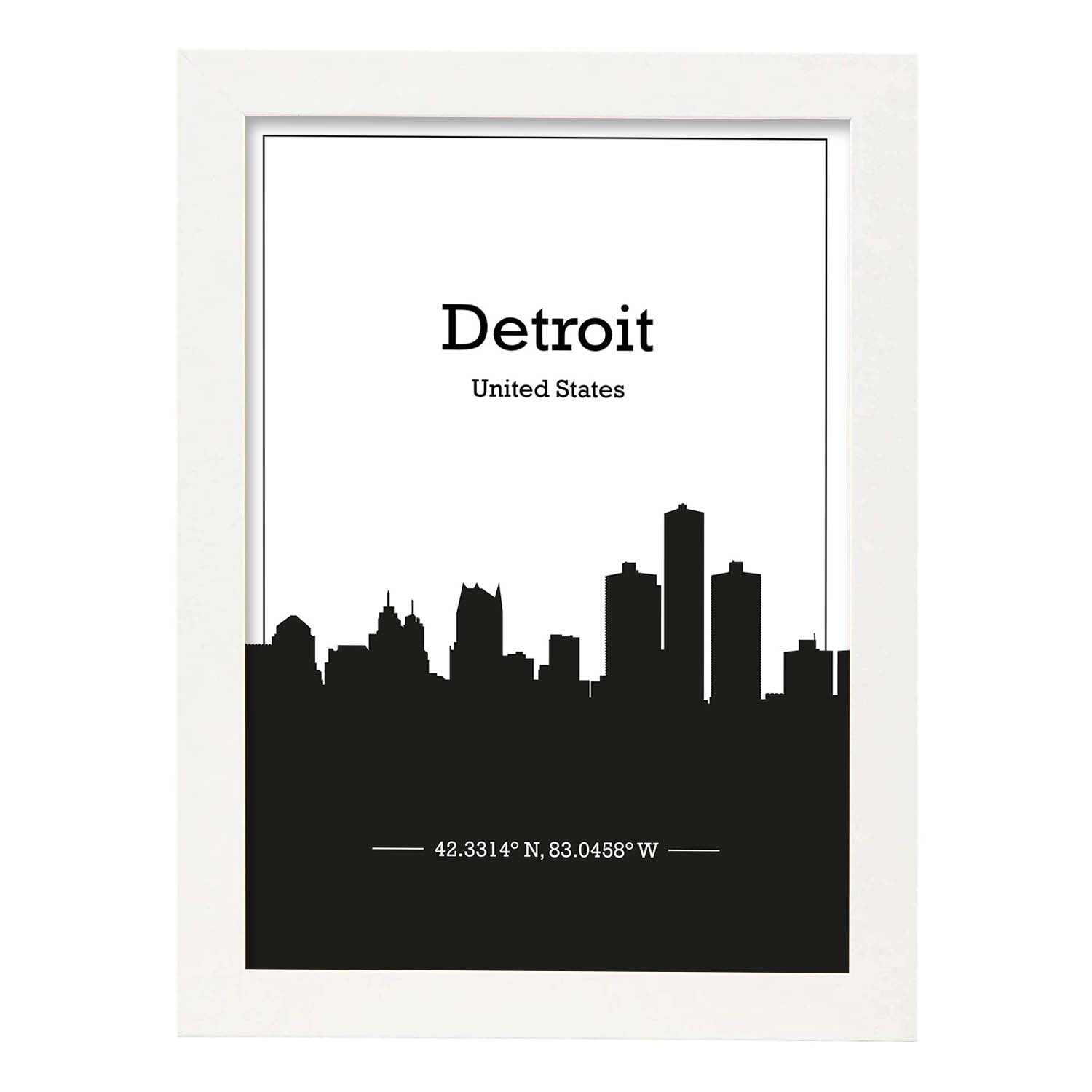 Poster con mapa de Detriot - USA. Láminas con Skyline de ciudades de Estados Unidos, Canada, Mexico con sombra negra.-Artwork-Nacnic-A4-Marco Blanco-Nacnic Estudio SL