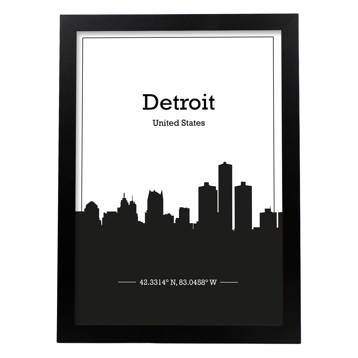 Poster con mapa de Detriot - USA. Láminas con Skyline de ciudades de Estados Unidos, Canada, Mexico con sombra negra.-Artwork-Nacnic-A4-Marco Negro-Nacnic Estudio SL