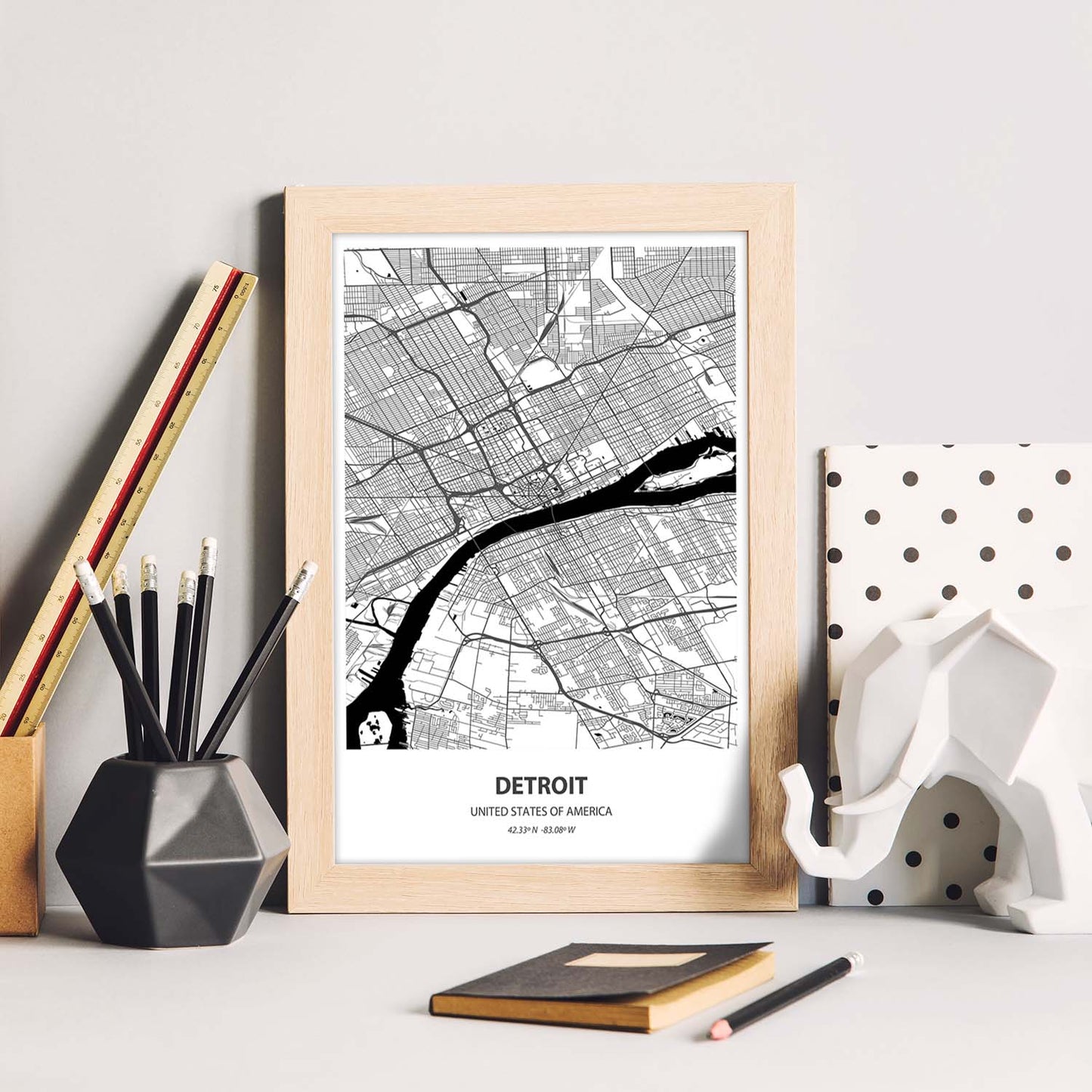 Poster con mapa de Detroit - USA. Láminas de ciudades de Estados Unidos con mares y ríos en color negro.-Artwork-Nacnic-Nacnic Estudio SL