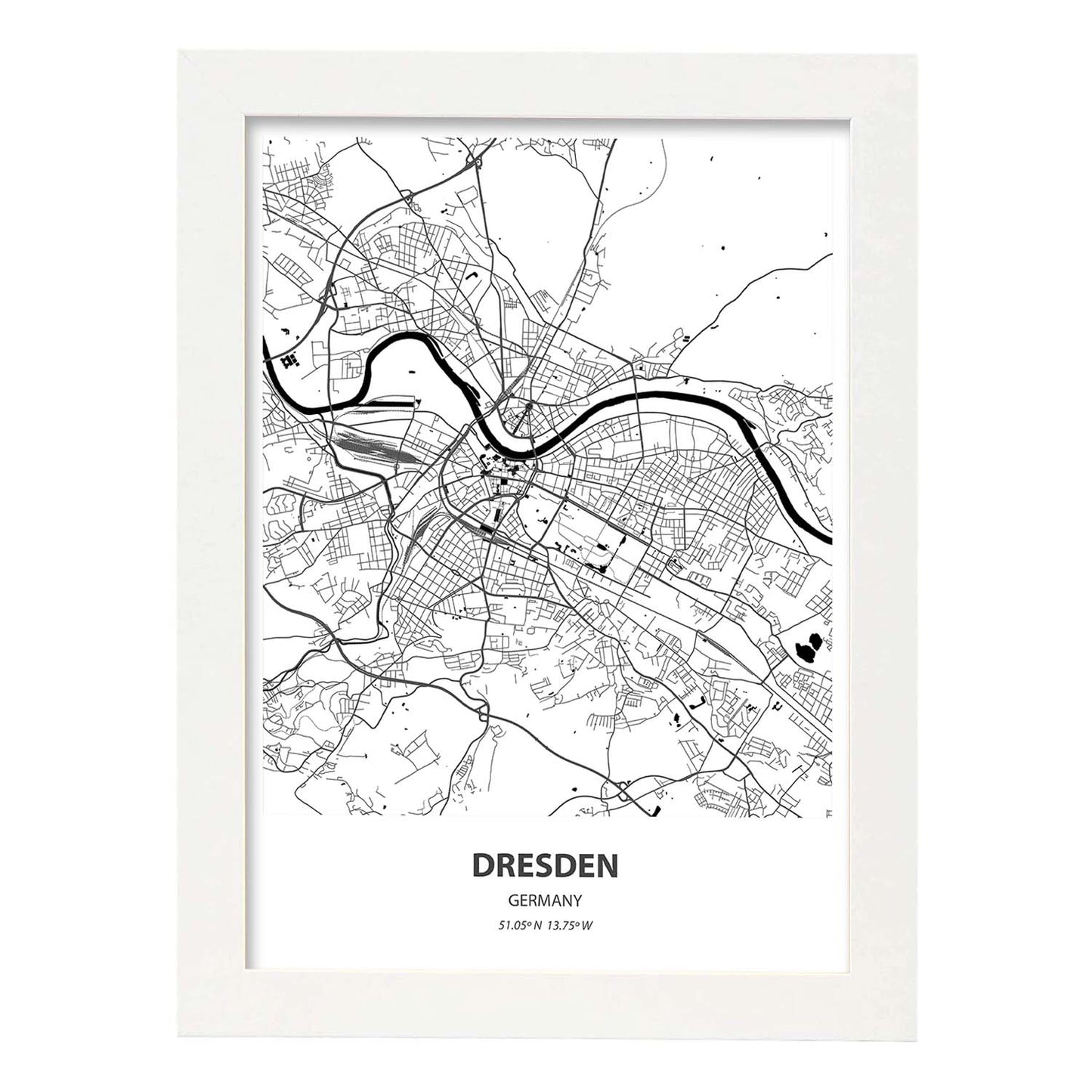 Poster con mapa de Dresden - Alemania. Láminas de ciudades de Alemania con mares y ríos en color negro.-Artwork-Nacnic-A4-Marco Blanco-Nacnic Estudio SL