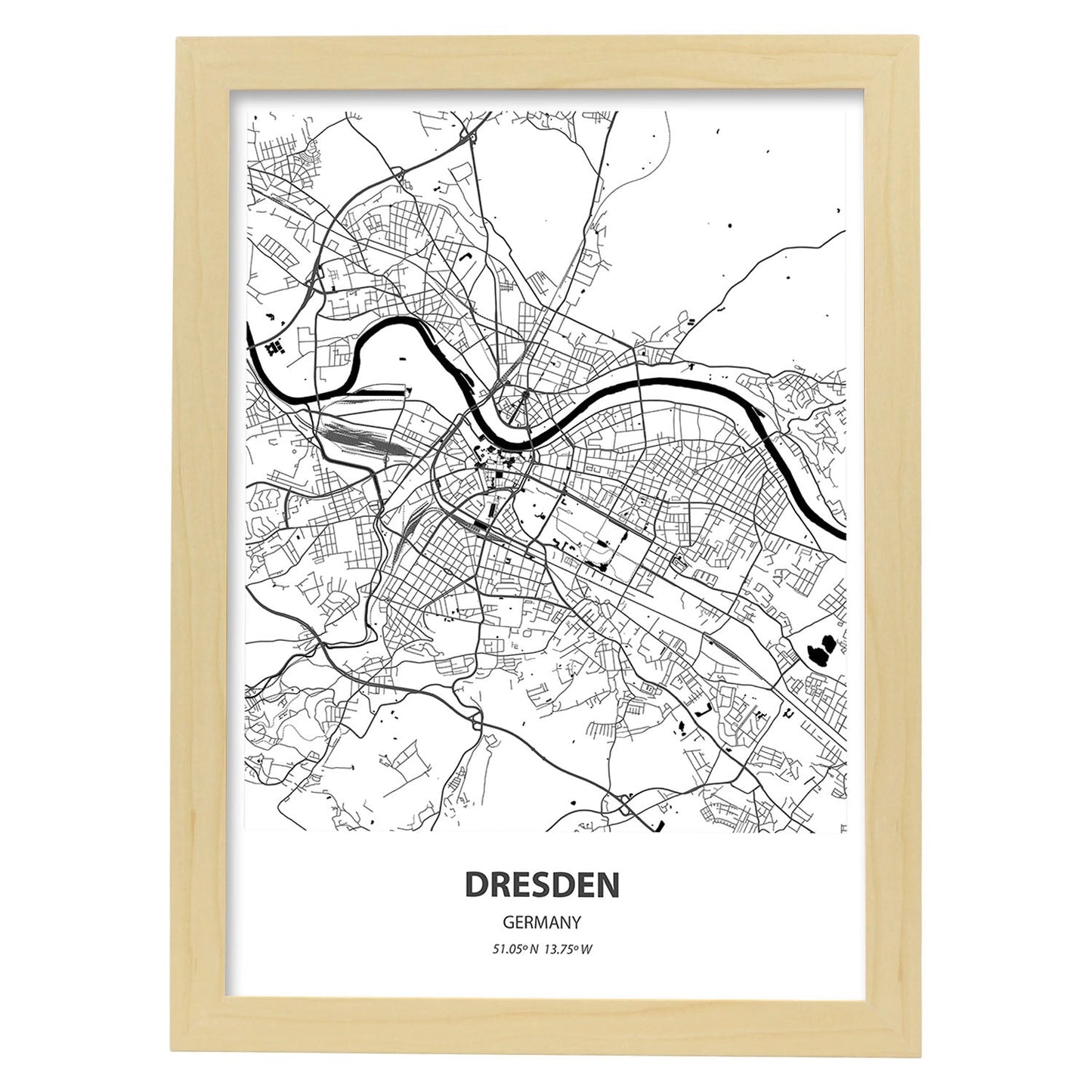 Poster con mapa de Dresden - Alemania. Láminas de ciudades de Alemania con mares y ríos en color negro.-Artwork-Nacnic-A4-Marco Madera clara-Nacnic Estudio SL