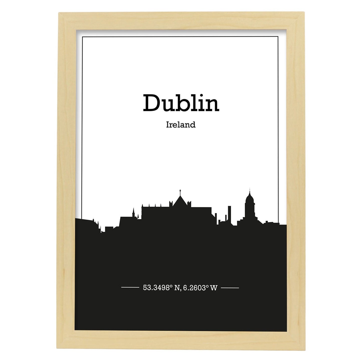 Poster con mapa de Dublin - Irlanda. Láminas con Skyline de ciudades de Inglaterra e Irlanda con sombra negra.-Artwork-Nacnic-A4-Marco Madera clara-Nacnic Estudio SL