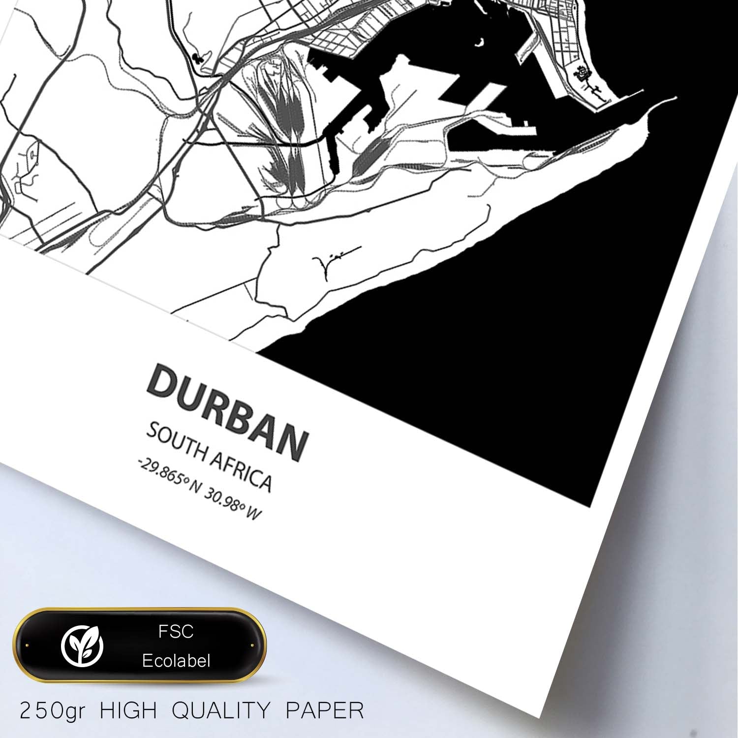Poster con mapa de Durban - Sudáfrica. Láminas de ciudades de África con mares y ríos en color negro.-Artwork-Nacnic-Nacnic Estudio SL
