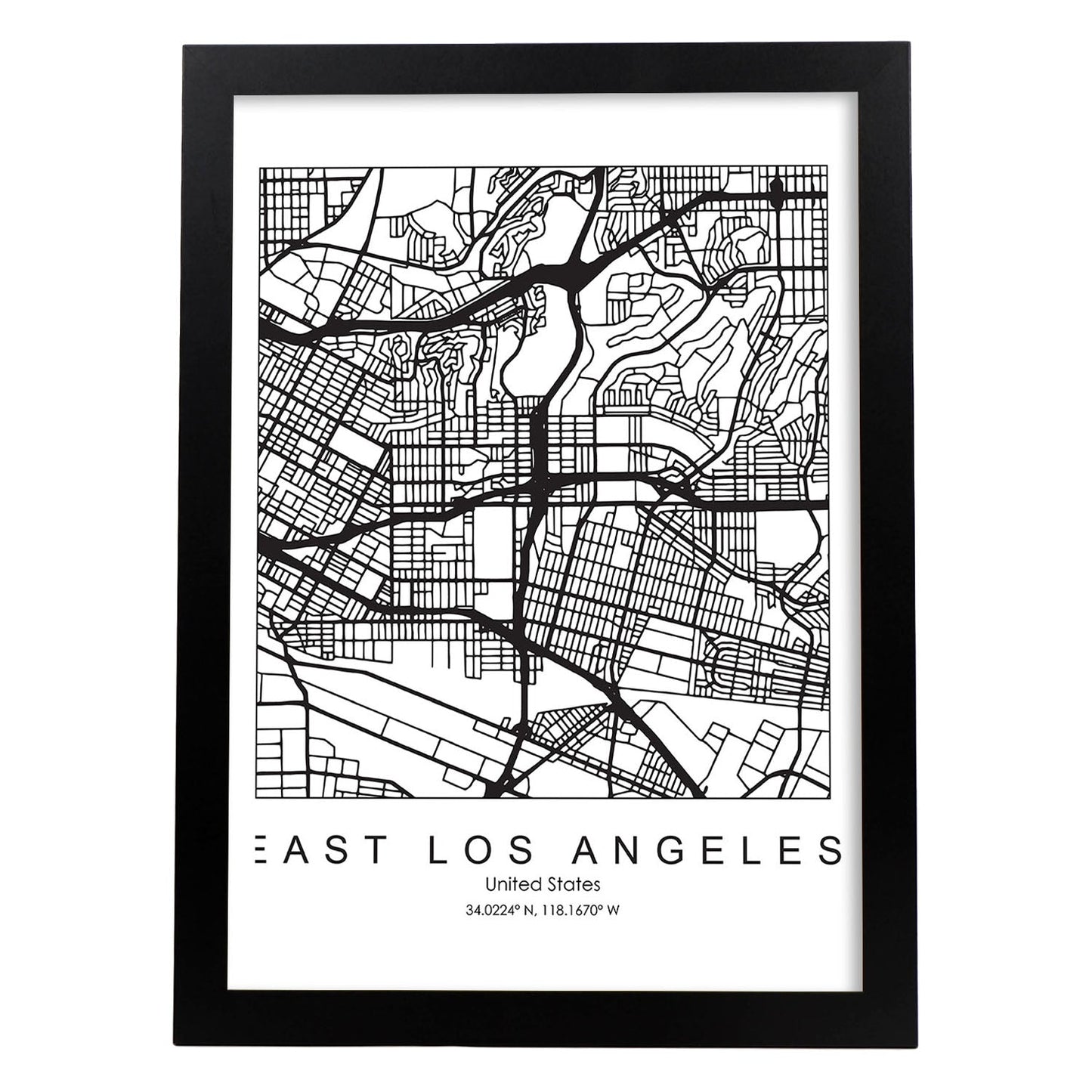 Poster con mapa de East Los Angeles. Lámina de Estados Unidos, con imágenes de mapas y carreteras-Artwork-Nacnic-A4-Marco Negro-Nacnic Estudio SL