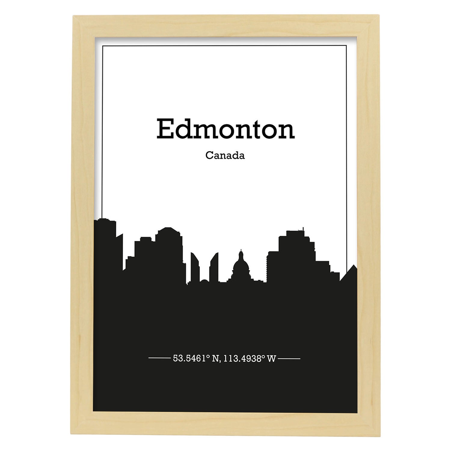 Poster con mapa de Edmonton - Canada. Láminas con Skyline de ciudades de Estados Unidos, Canada, Mexico con sombra negra.-Artwork-Nacnic-A4-Marco Madera clara-Nacnic Estudio SL
