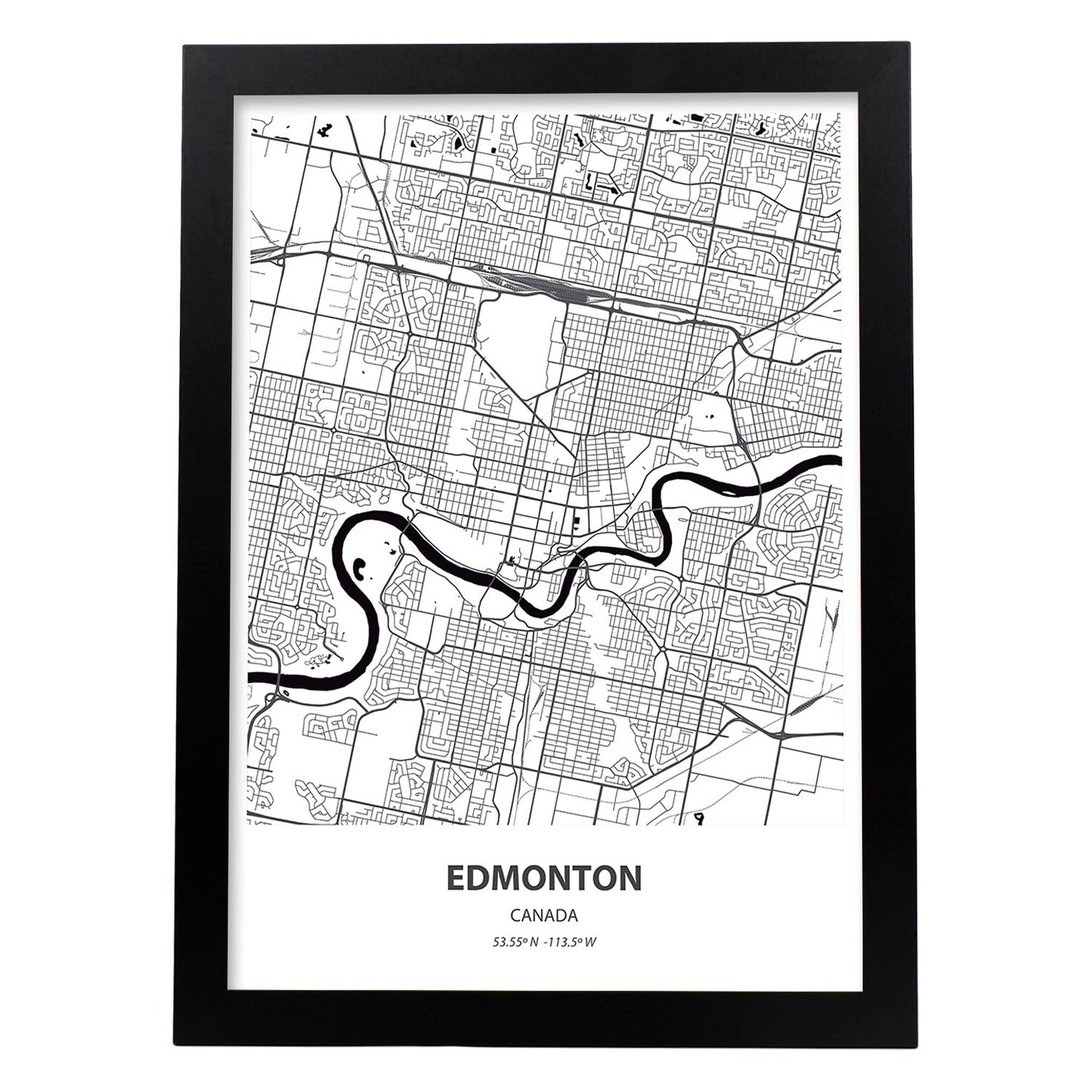 Poster con mapa de Edmonton - Canada. Láminas de ciudades de Canada con mares y ríos en color negro.-Artwork-Nacnic-A4-Marco Negro-Nacnic Estudio SL