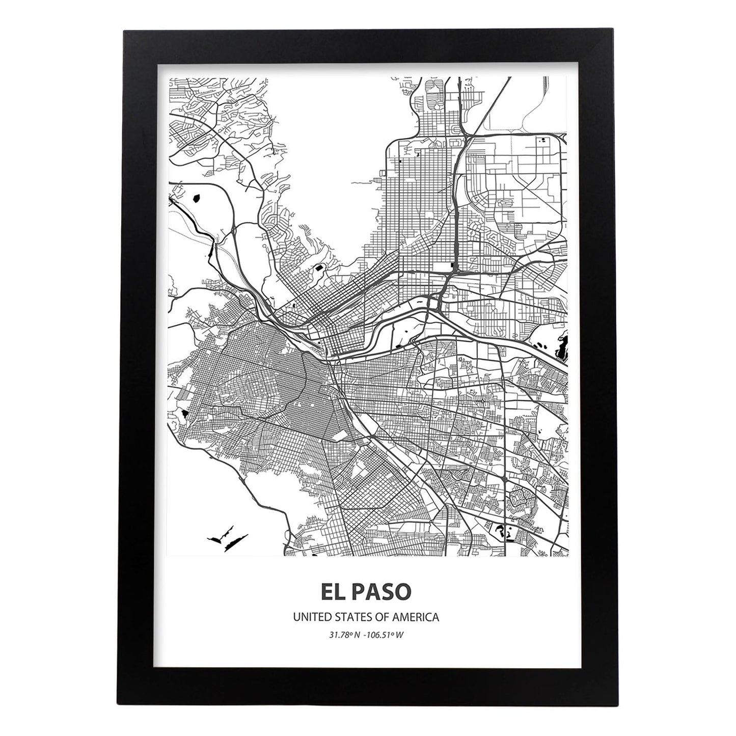 Poster con mapa de El Paso - USA. Láminas de ciudades de Estados Unidos con mares y ríos en color negro.-Artwork-Nacnic-A3-Marco Negro-Nacnic Estudio SL
