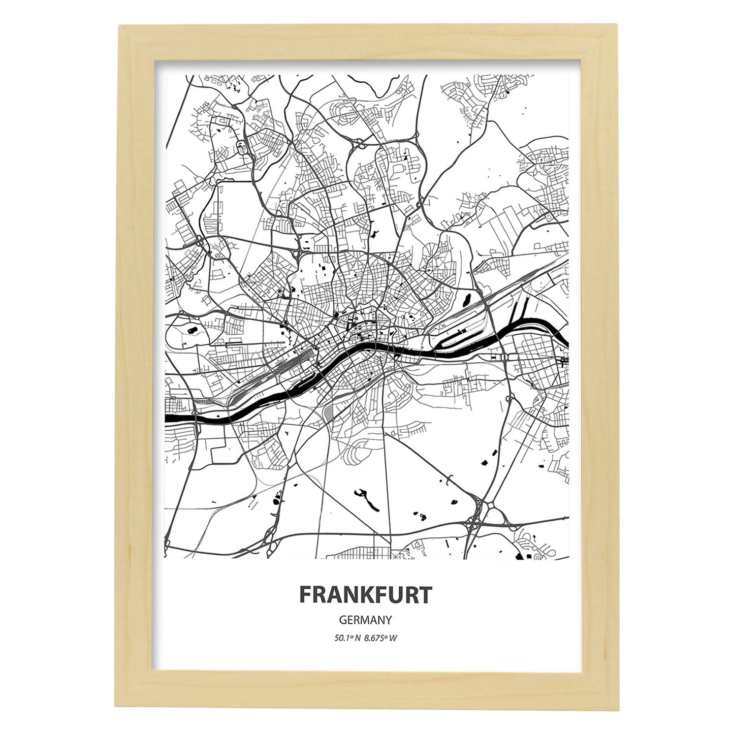 Poster con mapa de Frankfurt - Alemania. Láminas de ciudades de Alemania con mares y ríos en color negro.-Artwork-Nacnic-A4-Marco Madera clara-Nacnic Estudio SL