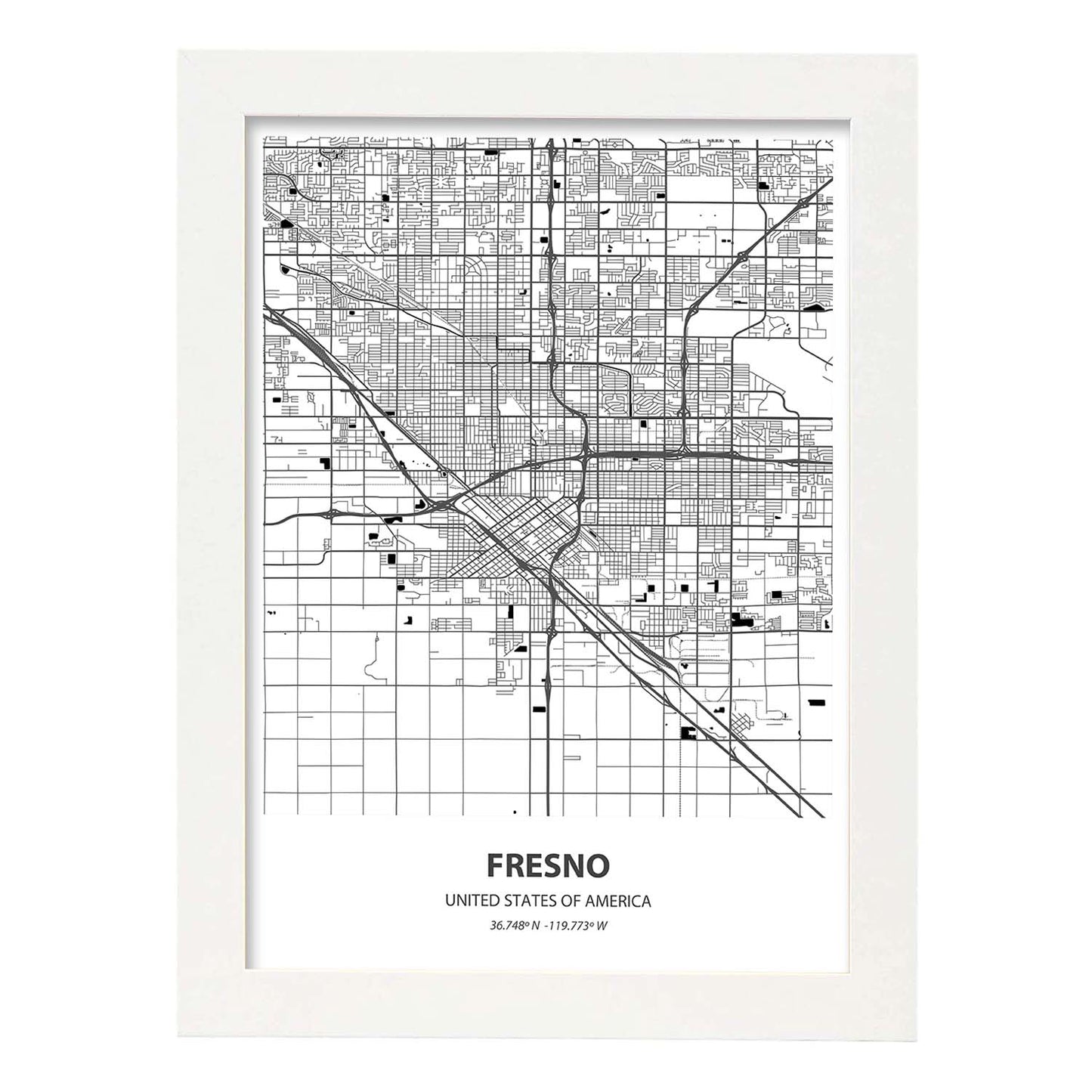 Poster con mapa de Fresno - USA. Láminas de ciudades de Estados Unidos con mares y ríos en color negro.-Artwork-Nacnic-A3-Marco Blanco-Nacnic Estudio SL