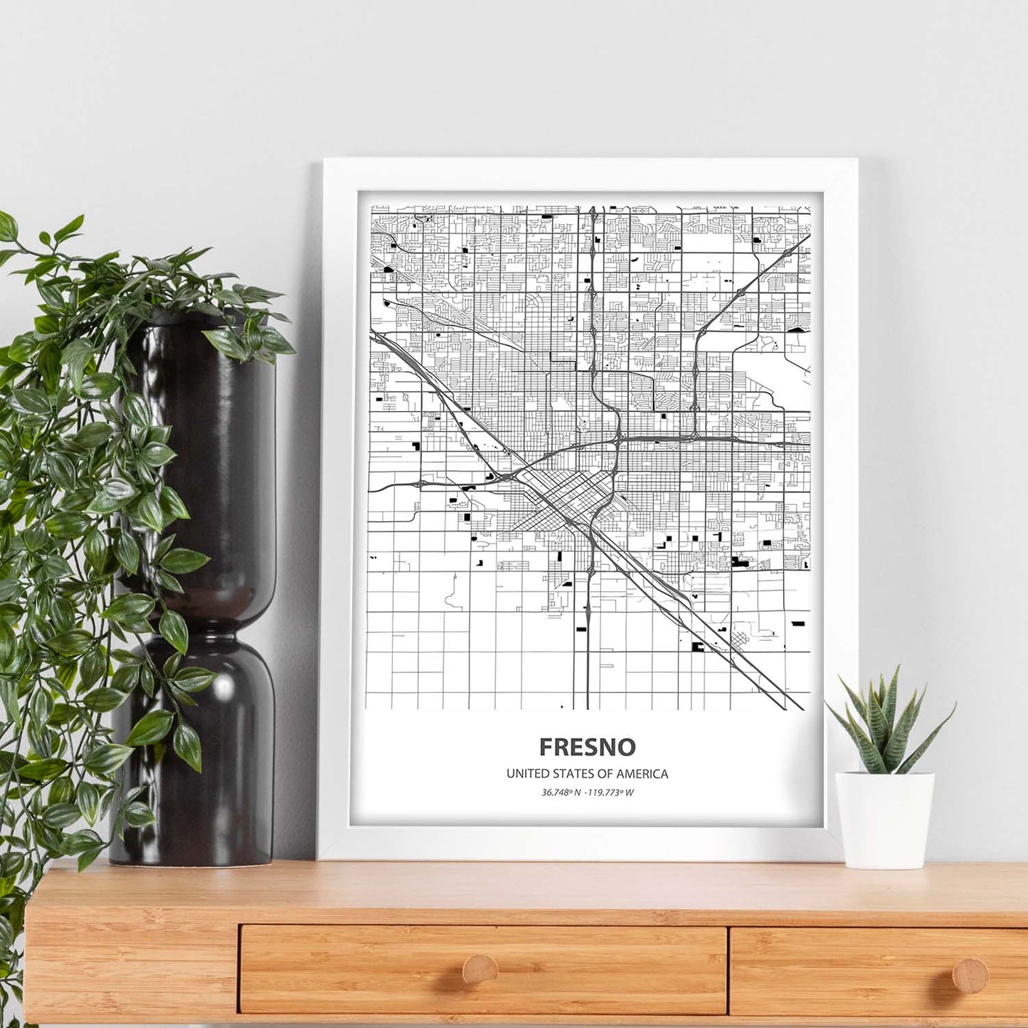 Poster con mapa de Fresno - USA. Láminas de ciudades de Estados Unidos con mares y ríos en color negro.-Artwork-Nacnic-Nacnic Estudio SL