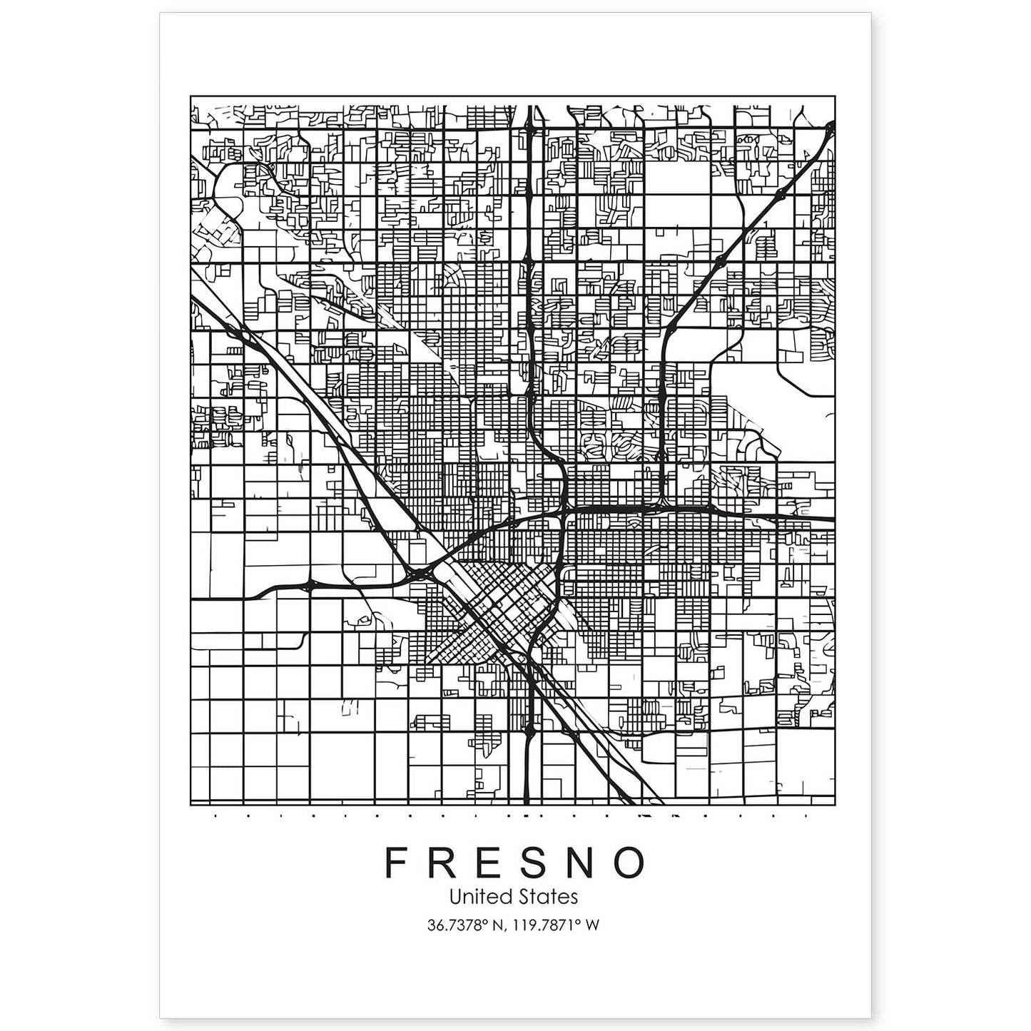 Poster con mapa de Fresno. Lámina de Estados Unidos, con imágenes de mapas y carreteras-Artwork-Nacnic-A4-Sin marco-Nacnic Estudio SL