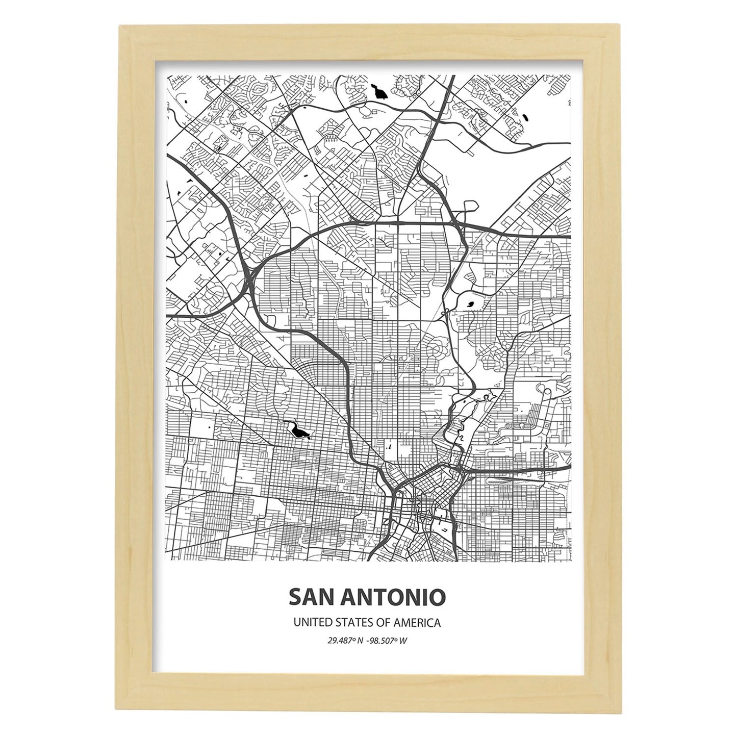 Poster con mapa de Fukuoka - Japon. Láminas de ciudades de Asia con mares y ríos en color negro.-Artwork-Nacnic-A4-Marco Madera clara-Nacnic Estudio SL