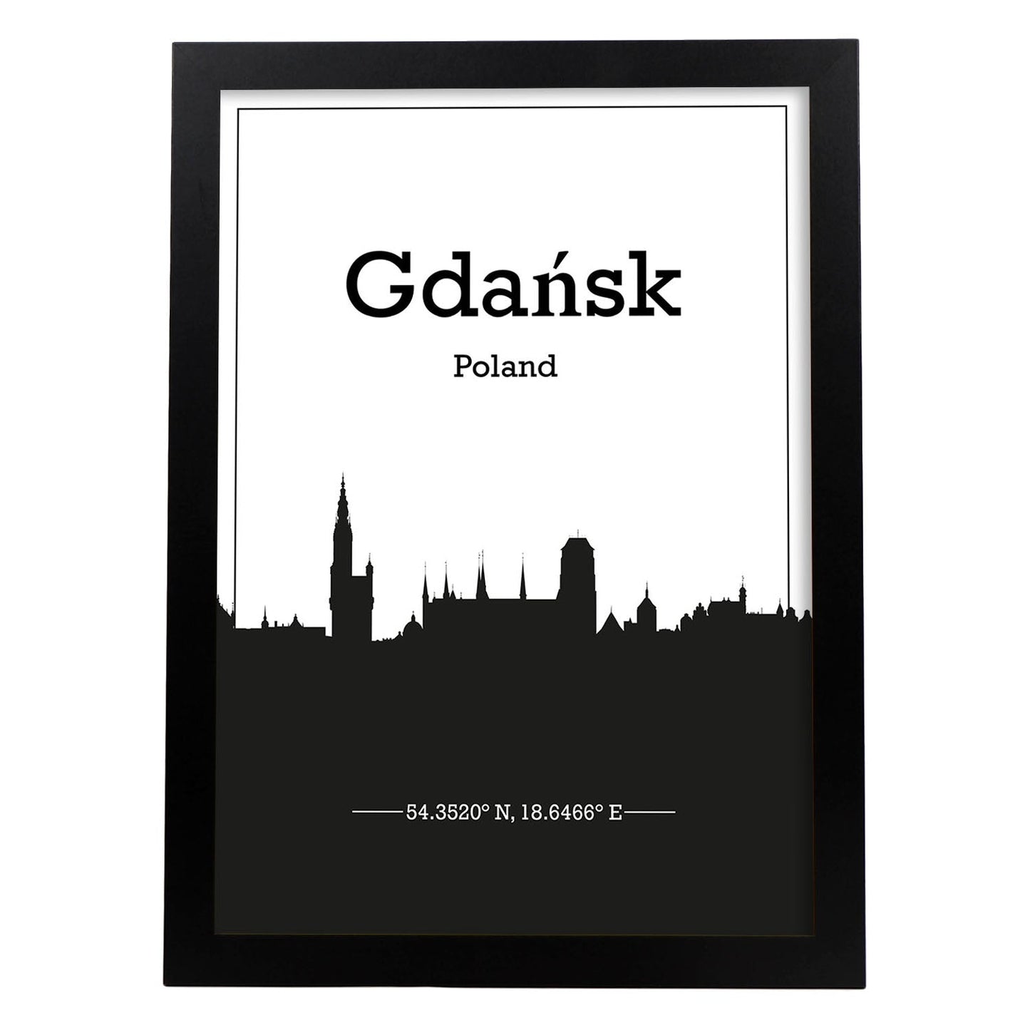 Poster con mapa de Gdansk - Polonia. Láminas con Skyline de ciudades de Europa con sombra negra.-Artwork-Nacnic-A4-Marco Negro-Nacnic Estudio SL