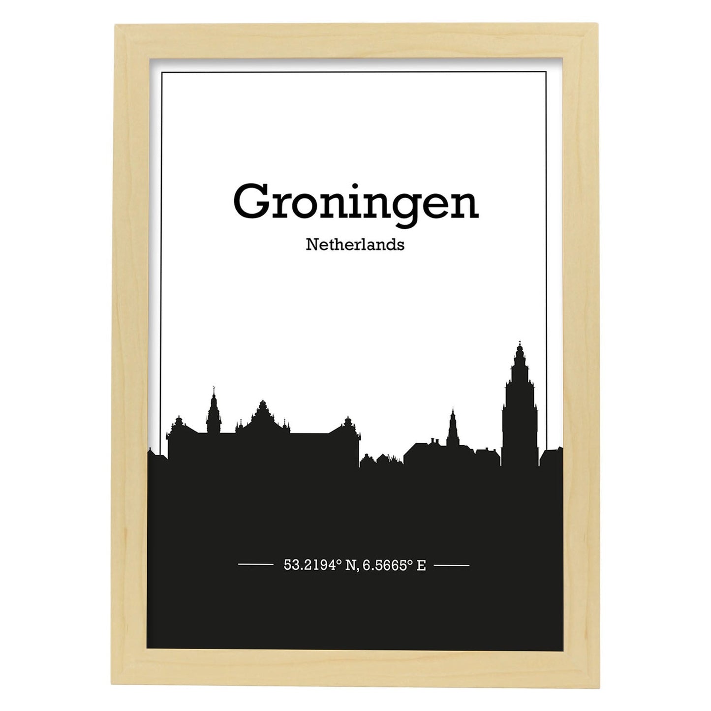 Poster con mapa de Groningen - Holanda. Láminas con Skyline de ciudades de Europa con sombra negra.-Artwork-Nacnic-A3-Marco Madera clara-Nacnic Estudio SL