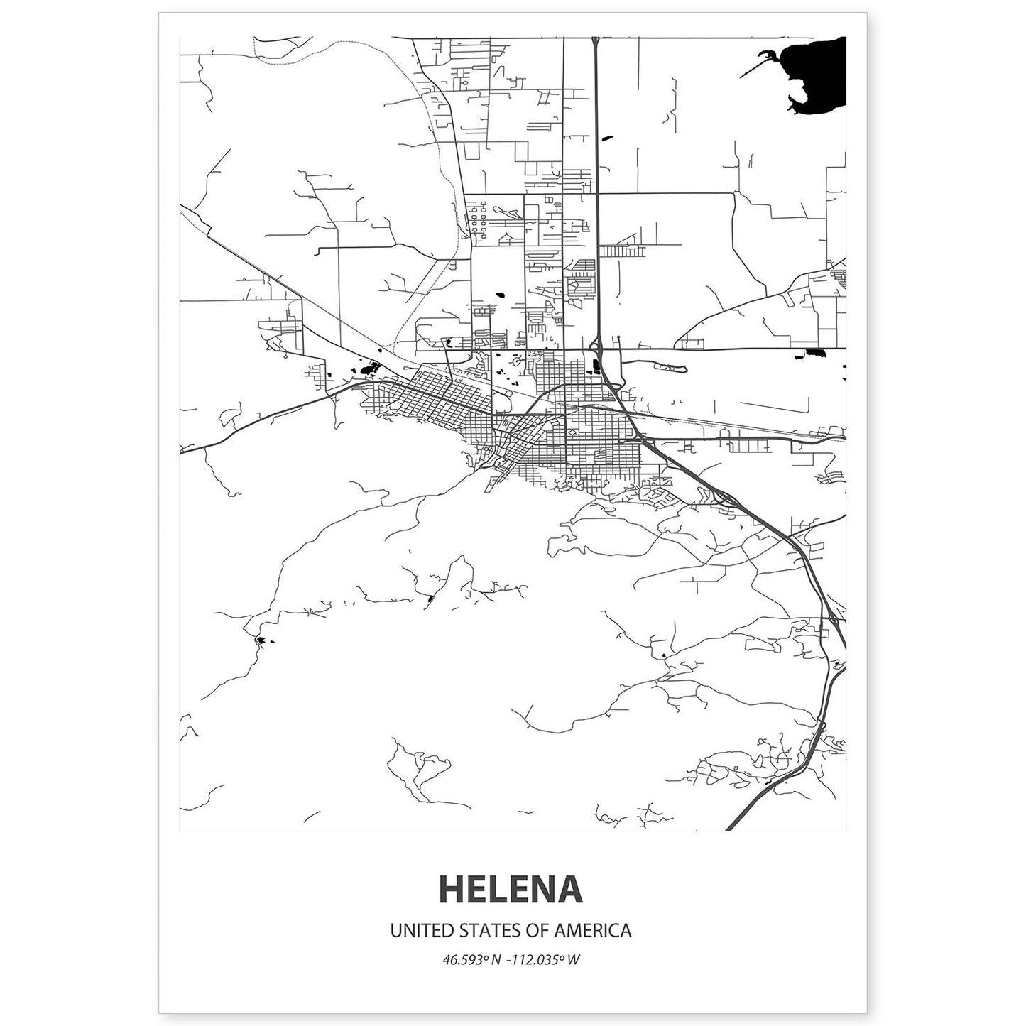 Poster con mapa de Helena - USA. Láminas de ciudades de Estados Unidos con mares y ríos en color negro.-Artwork-Nacnic-A4-Sin marco-Nacnic Estudio SL