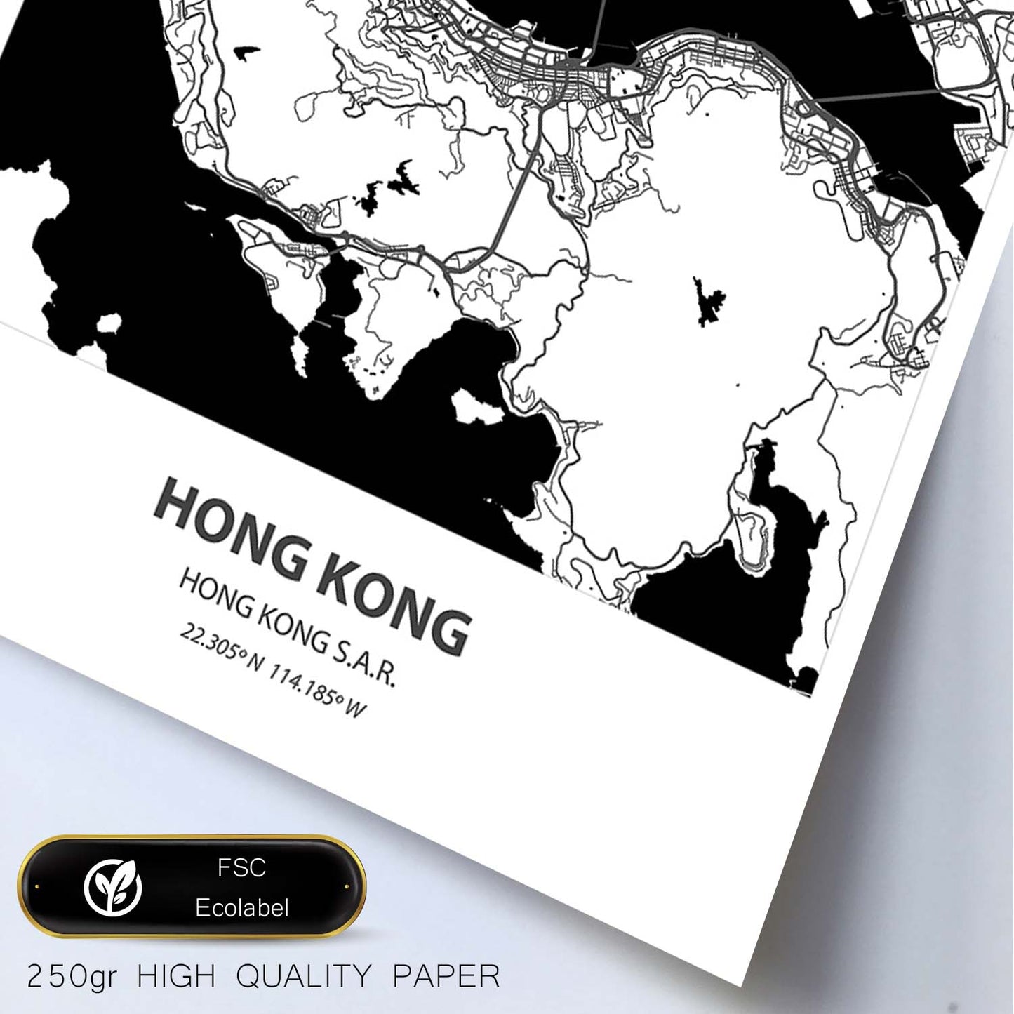 Poster con mapa de Hong Kong - Hong Kong. Láminas de ciudades de Asia con mares y ríos en color negro.-Artwork-Nacnic-Nacnic Estudio SL