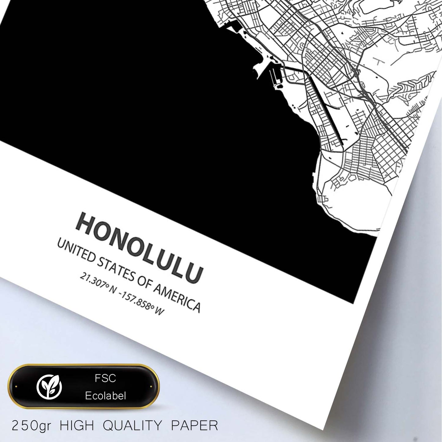 Poster con mapa de Honolulu - USA. Láminas de ciudades de Estados Unidos con mares y ríos en color negro.-Artwork-Nacnic-Nacnic Estudio SL