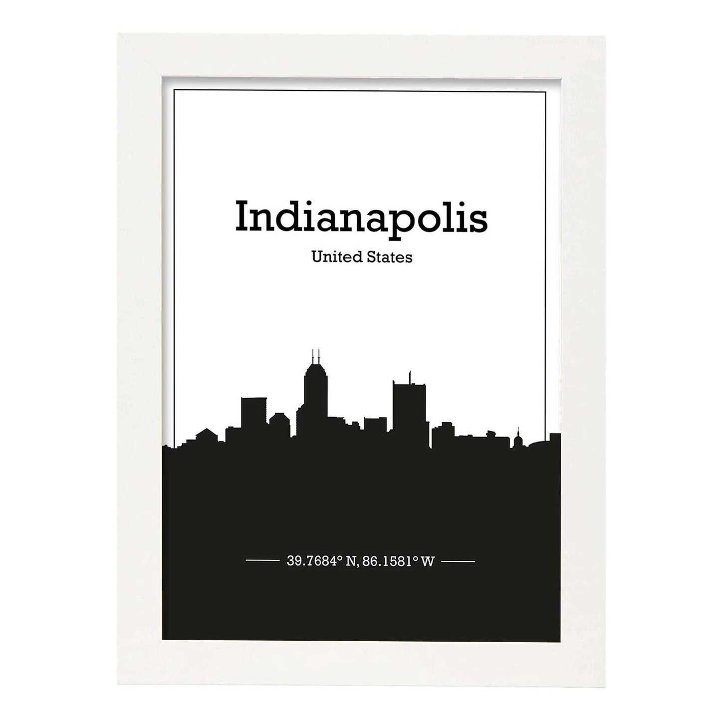 Poster con mapa de Indianapolis - USA. Láminas con Skyline de ciudades de Estados Unidos, Canada, Mexico con sombra negra.-Artwork-Nacnic-A3-Marco Blanco-Nacnic Estudio SL