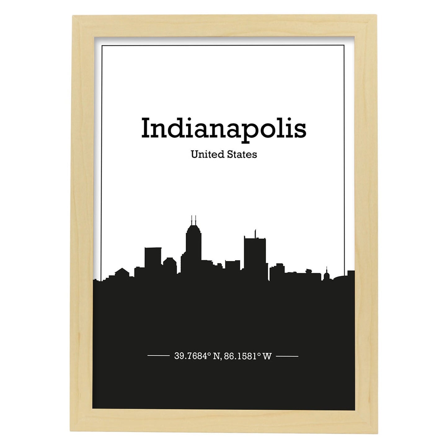 Poster con mapa de Indianapolis - USA. Láminas con Skyline de ciudades de Estados Unidos, Canada, Mexico con sombra negra.-Artwork-Nacnic-A4-Marco Madera clara-Nacnic Estudio SL