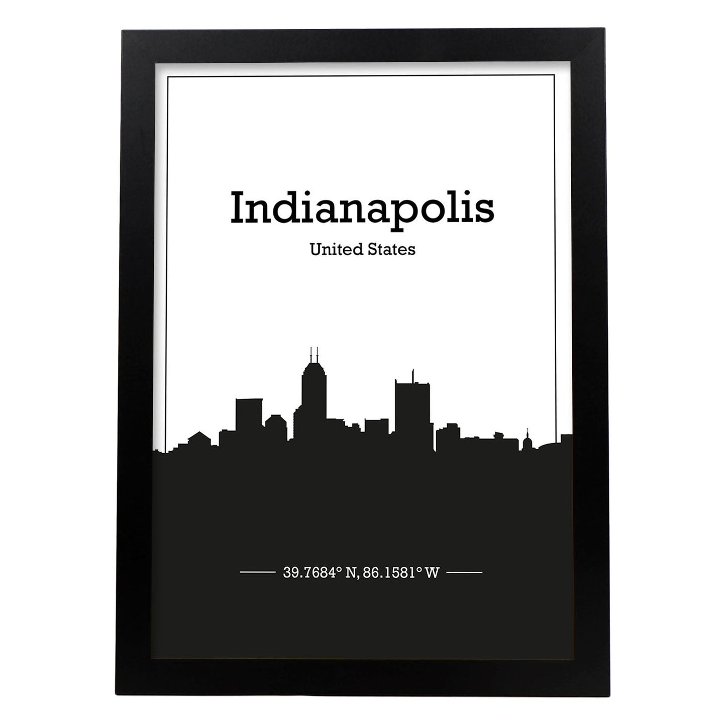 Poster con mapa de Indianapolis - USA. Láminas con Skyline de ciudades de Estados Unidos, Canada, Mexico con sombra negra.-Artwork-Nacnic-A4-Marco Negro-Nacnic Estudio SL
