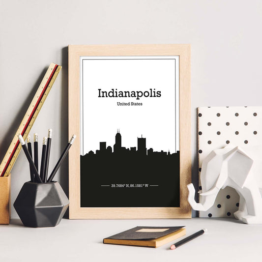 Poster con mapa de Indianapolis - USA. Láminas con Skyline de ciudades de Estados Unidos, Canada, Mexico con sombra negra.-Artwork-Nacnic-Nacnic Estudio SL
