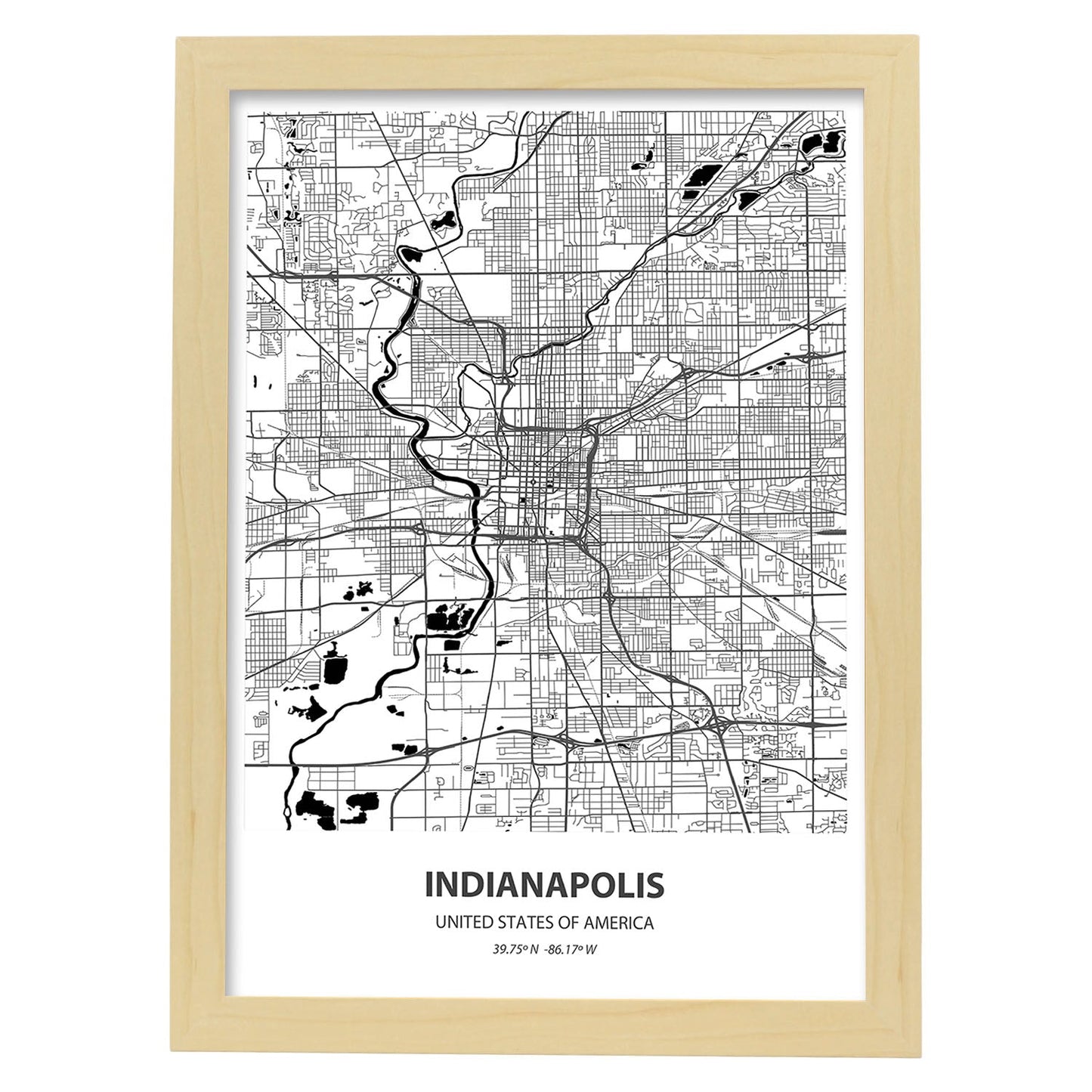 Poster con mapa de Indianapolis - USA. Láminas de ciudades de Estados Unidos con mares y ríos en color negro.-Artwork-Nacnic-A3-Marco Madera clara-Nacnic Estudio SL