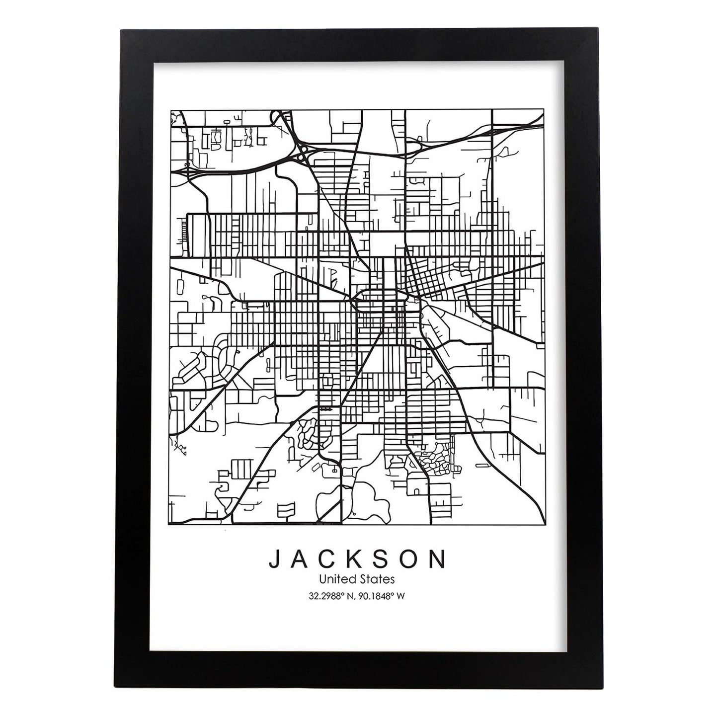 Poster con mapa de Jackson. Lámina de Estados Unidos, con imágenes de mapas y carreteras-Artwork-Nacnic-A4-Marco Negro-Nacnic Estudio SL