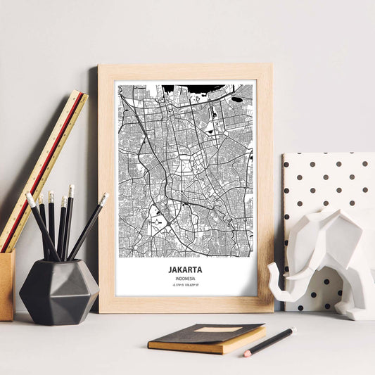 Poster con mapa de Jakarta - Indonesia. Láminas de ciudades de Asia con mares y ríos en color negro.-Artwork-Nacnic-Nacnic Estudio SL