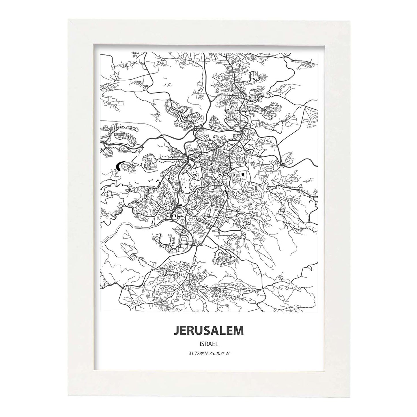 Poster con mapa de Jerusalem - Israel. Láminas de ciudades de Oriente Medio con mares y ríos en color negro.-Artwork-Nacnic-A3-Marco Blanco-Nacnic Estudio SL