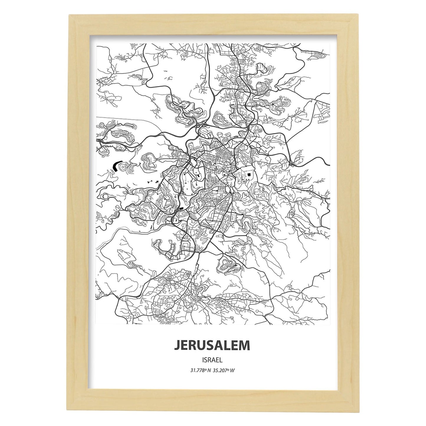 Poster con mapa de Jerusalem - Israel. Láminas de ciudades de Oriente Medio con mares y ríos en color negro.-Artwork-Nacnic-A3-Marco Madera clara-Nacnic Estudio SL