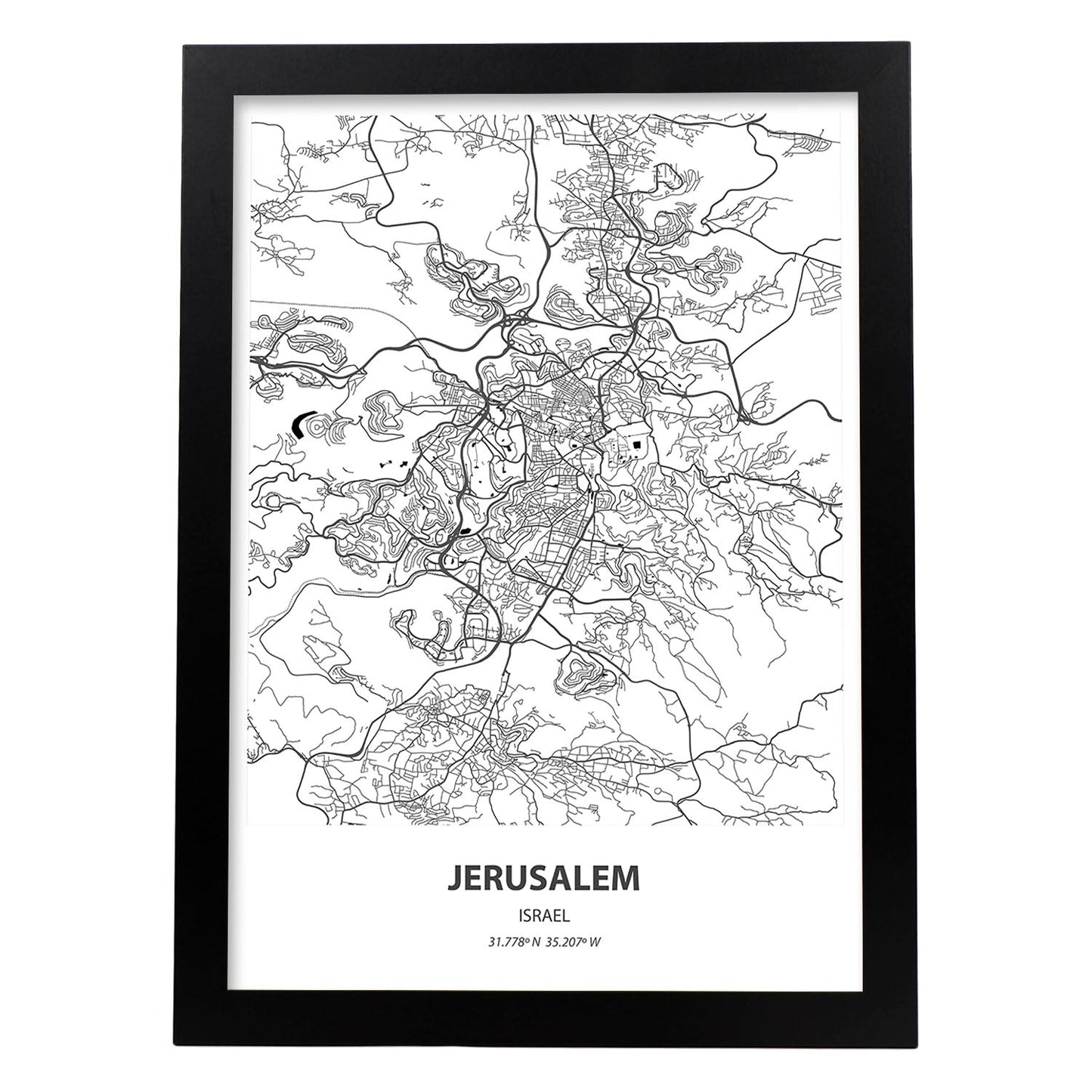 Poster con mapa de Jerusalem - Israel. Láminas de ciudades de Oriente Medio con mares y ríos en color negro.-Artwork-Nacnic-A3-Marco Negro-Nacnic Estudio SL