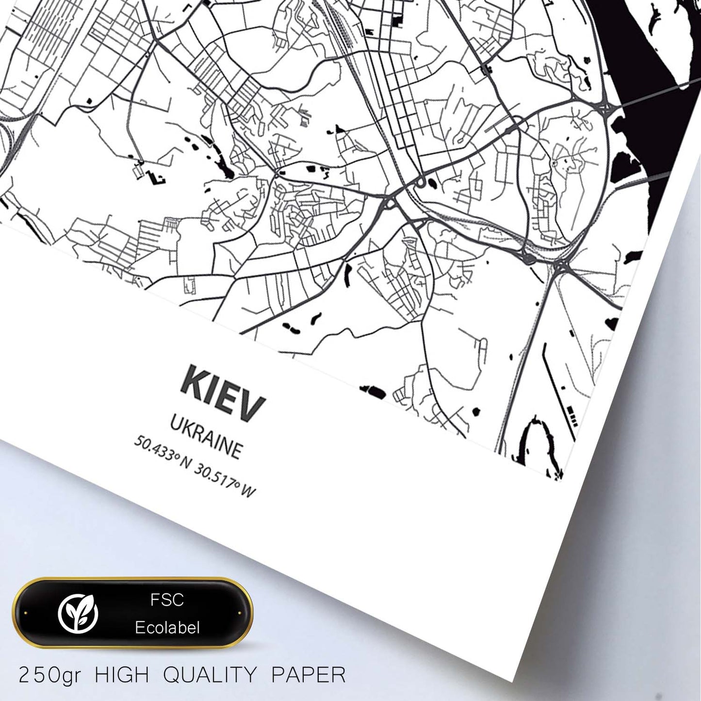 Poster con mapa de Kiev - Ucrania. Láminas de ciudades de Europa con mares y ríos en color negro.-Artwork-Nacnic-Nacnic Estudio SL