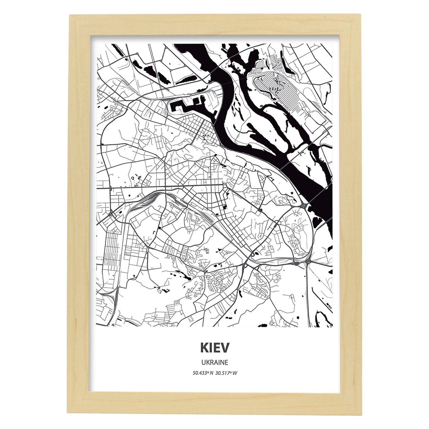 Poster con mapa de Kiev - Ucrania. Láminas de ciudades de Europa con mares y ríos en color negro.-Artwork-Nacnic-A4-Marco Madera clara-Nacnic Estudio SL
