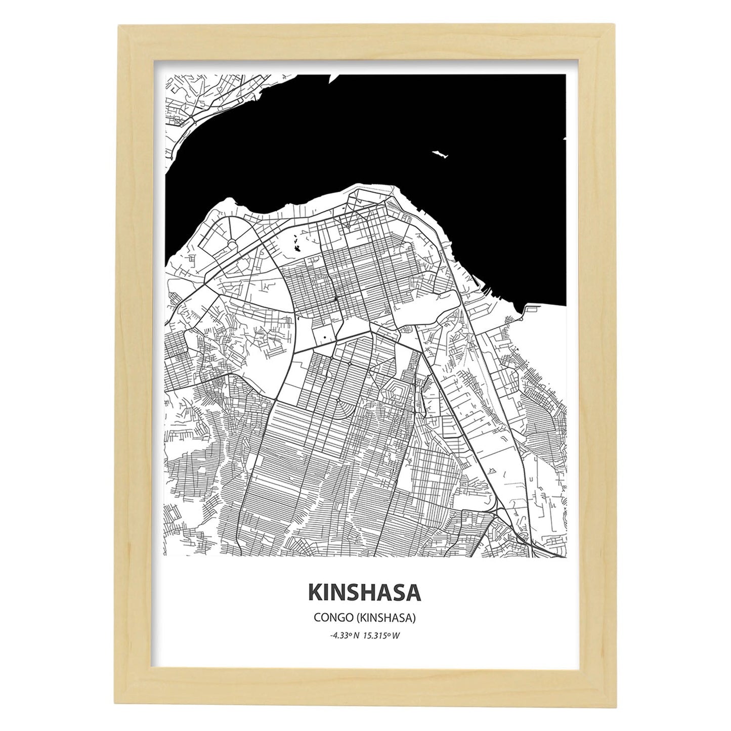Poster con mapa de Kinshasa - Congo. Láminas de ciudades de África con mares y ríos en color negro.-Artwork-Nacnic-A3-Marco Madera clara-Nacnic Estudio SL