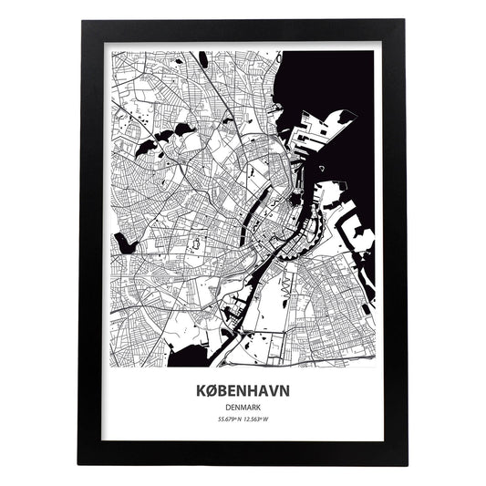 Poster con mapa de Kobenhavn - Dinamarca. Láminas de ciudades de Europa con mares y ríos en color negro.-Artwork-Nacnic-A4-Marco Negro-Nacnic Estudio SL
