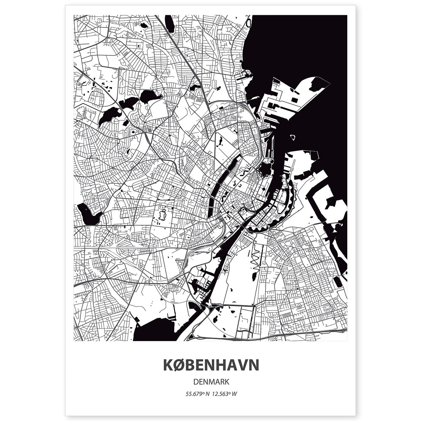Poster con mapa de Kobenhavn - Dinamarca. Láminas de ciudades de Europa con mares y ríos en color negro.-Artwork-Nacnic-A4-Sin marco-Nacnic Estudio SL
