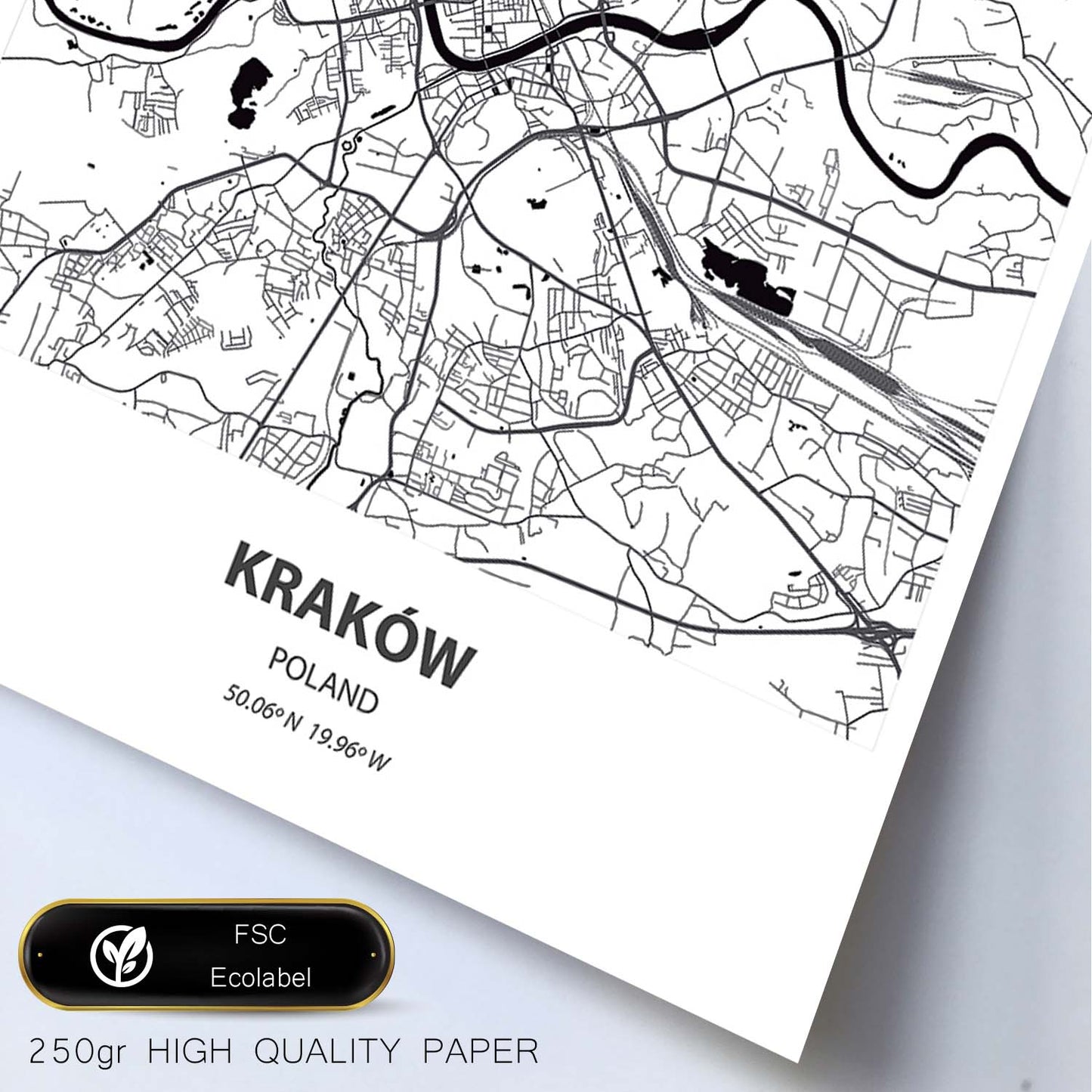 Poster con mapa de Krakow - Polonia. Láminas de ciudades de Europa con mares y ríos en color negro.-Artwork-Nacnic-Nacnic Estudio SL