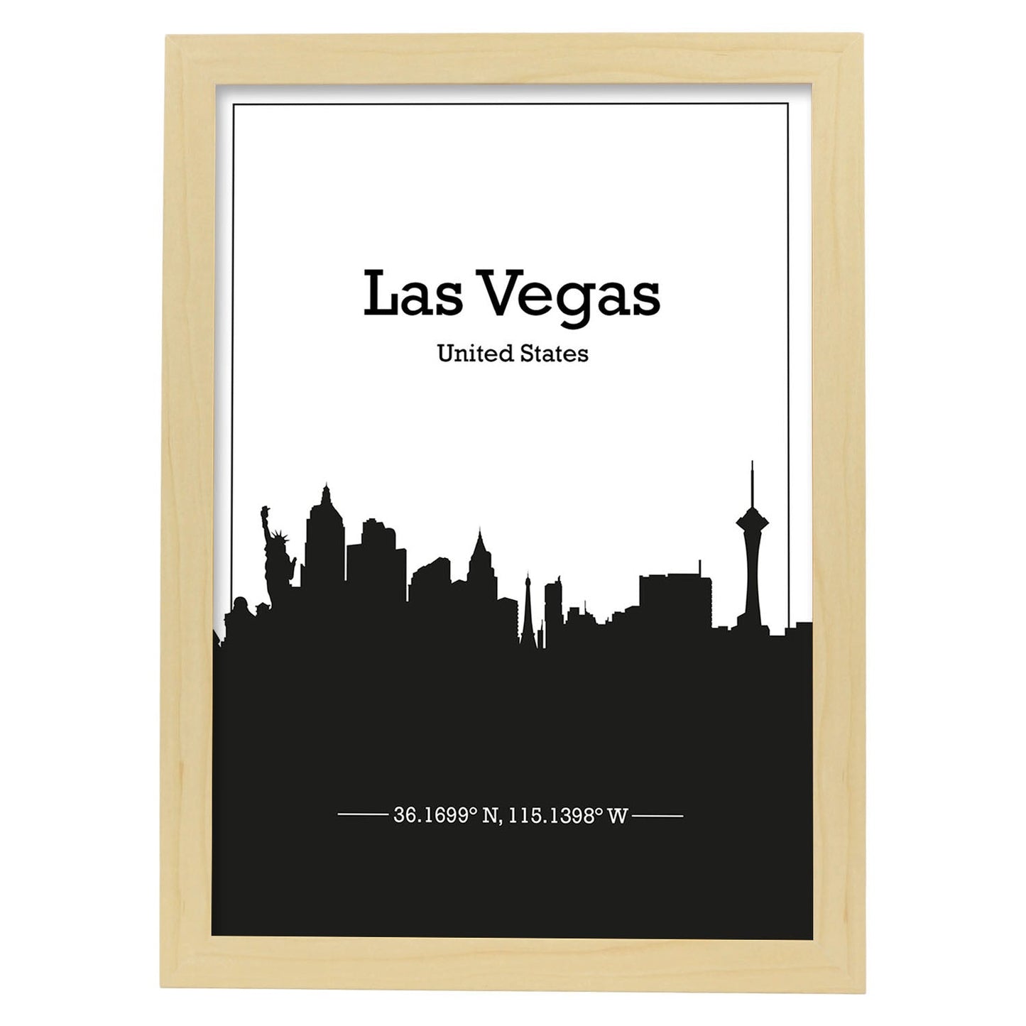 Poster con mapa de Lasvegas - USA. Láminas con Skyline de ciudades de Estados Unidos, Canada, Mexico con sombra negra.-Artwork-Nacnic-A3-Marco Madera clara-Nacnic Estudio SL