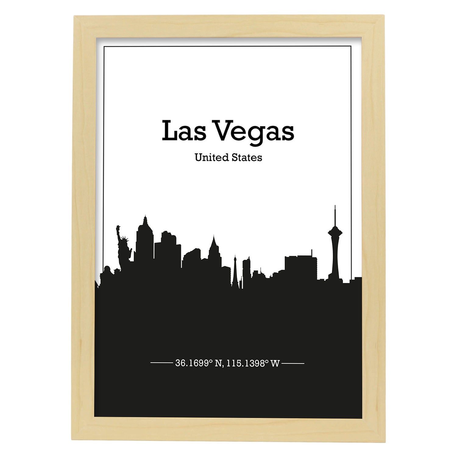 Poster con mapa de Lasvegas - USA. Láminas con Skyline de ciudades de Estados Unidos, Canada, Mexico con sombra negra.-Artwork-Nacnic-A4-Marco Madera clara-Nacnic Estudio SL