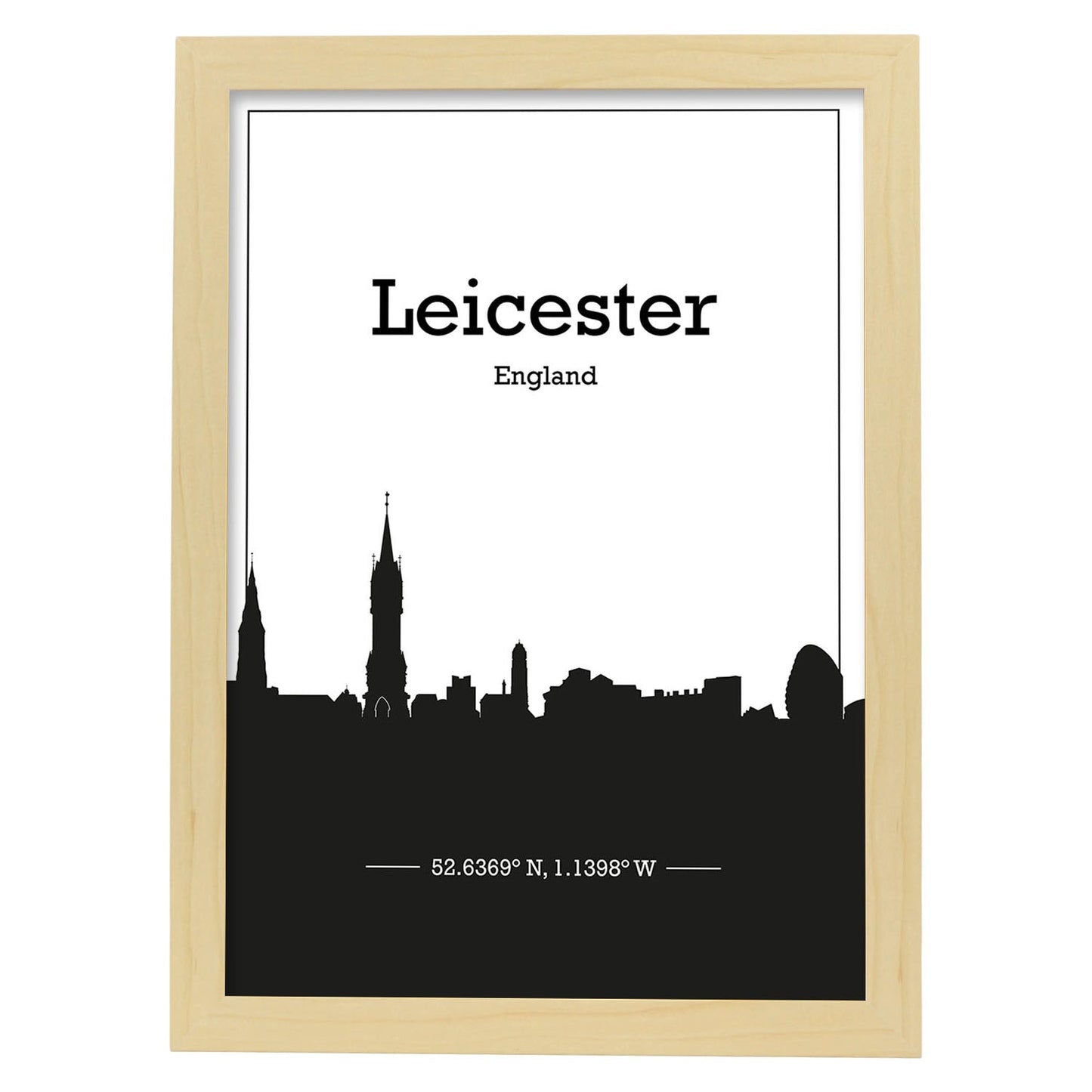 Poster con mapa de Leicester - Inglaterra. Láminas con Skyline de ciudades de Inglaterra e Irlanda con sombra negra.-Artwork-Nacnic-A4-Marco Madera clara-Nacnic Estudio SL