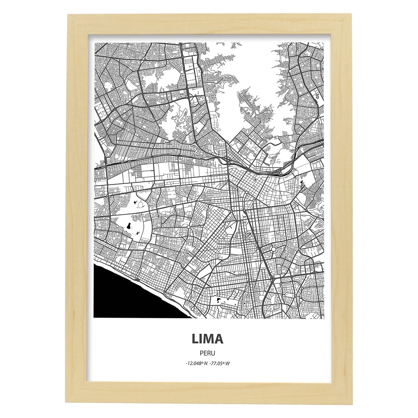 Poster con mapa de Lima - Peru. Láminas de ciudades de Latinoamérica con mares y ríos en color negro.-Artwork-Nacnic-A3-Marco Madera clara-Nacnic Estudio SL