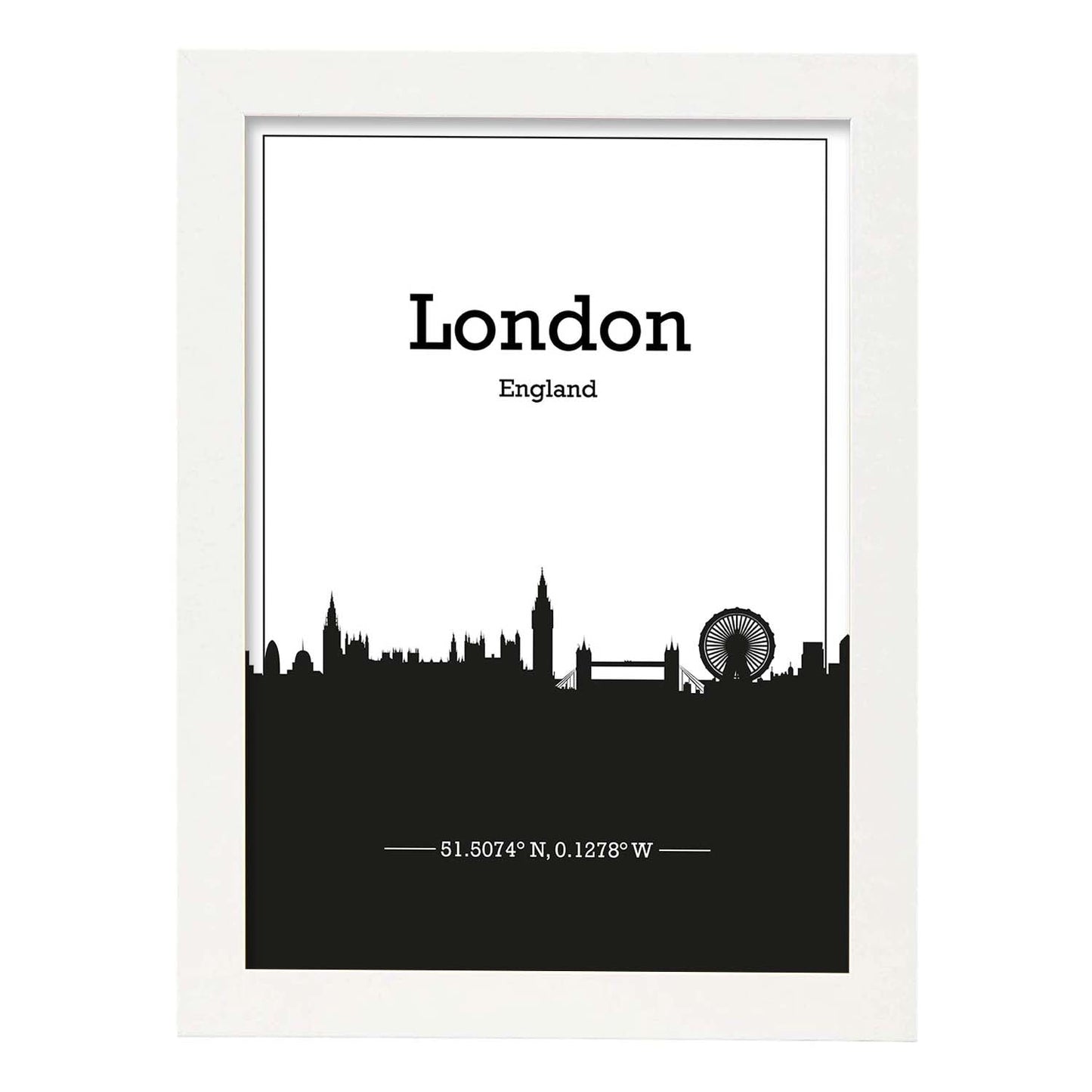 Poster con mapa de London - Inglaterra. Láminas con Skyline de ciudades de Inglaterra e Irlanda con sombra negra.-Artwork-Nacnic-A4-Marco Blanco-Nacnic Estudio SL