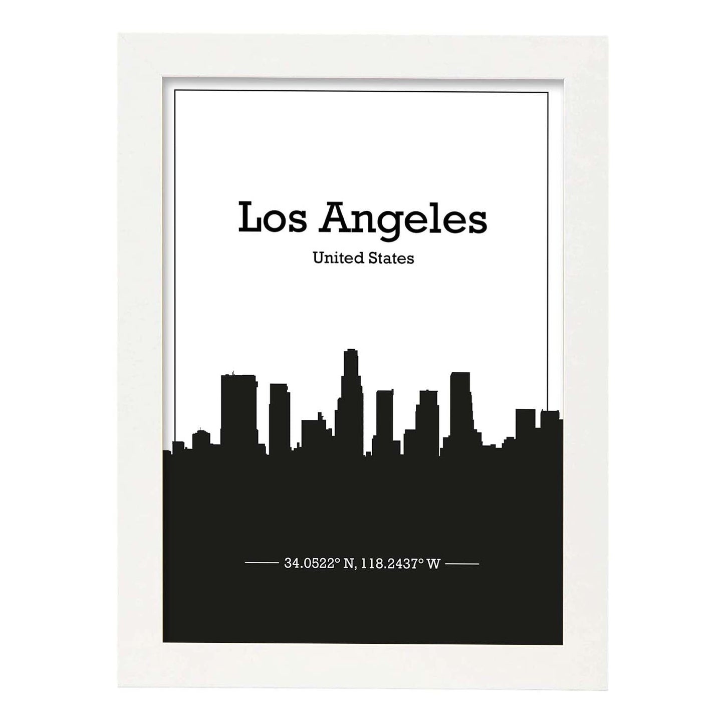 Poster con mapa de Losangeles - USA. Láminas con Skyline de ciudades de Estados Unidos, Canada, Mexico con sombra negra.-Artwork-Nacnic-A3-Marco Blanco-Nacnic Estudio SL
