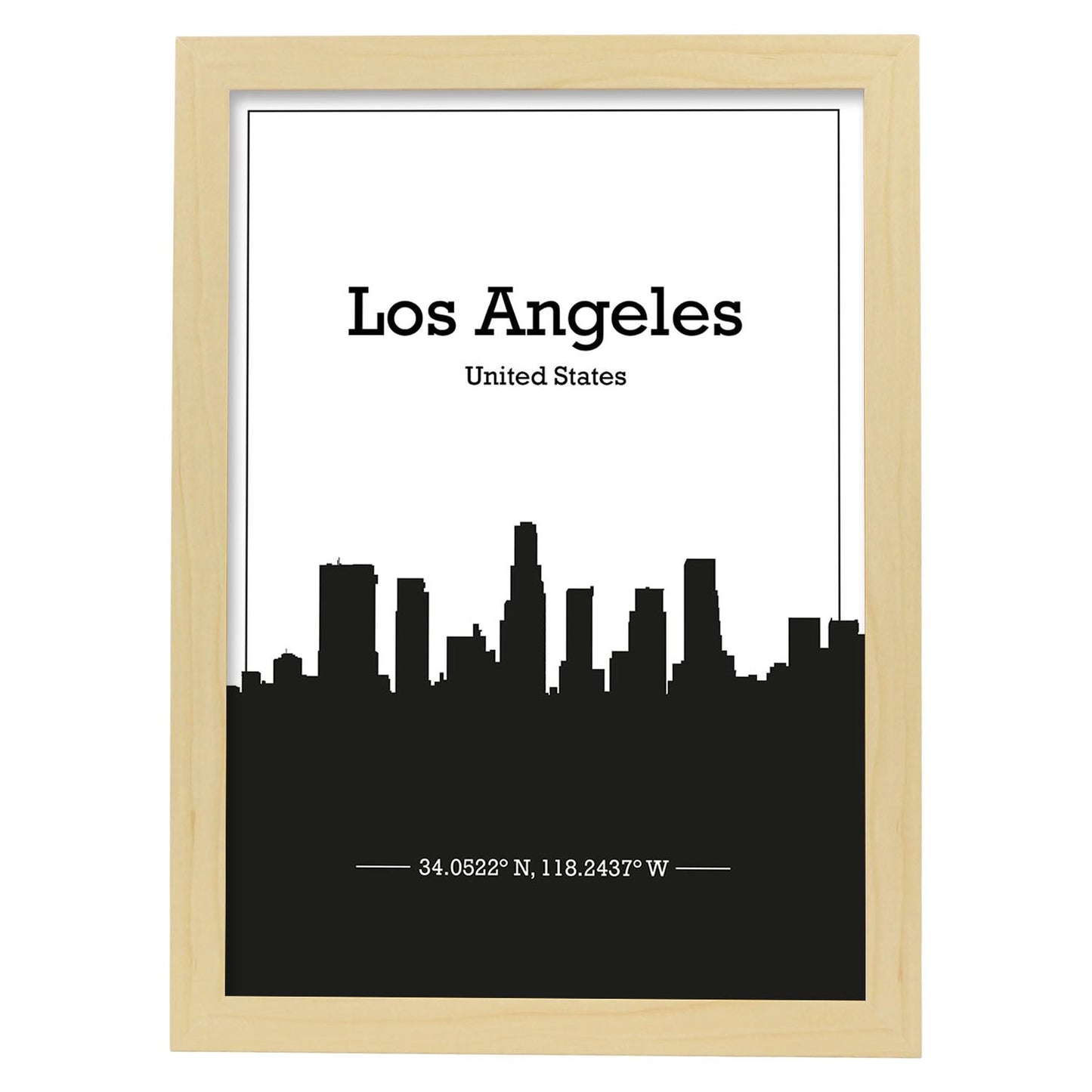 Poster con mapa de Losangeles - USA. Láminas con Skyline de ciudades de Estados Unidos, Canada, Mexico con sombra negra.-Artwork-Nacnic-A4-Marco Madera clara-Nacnic Estudio SL