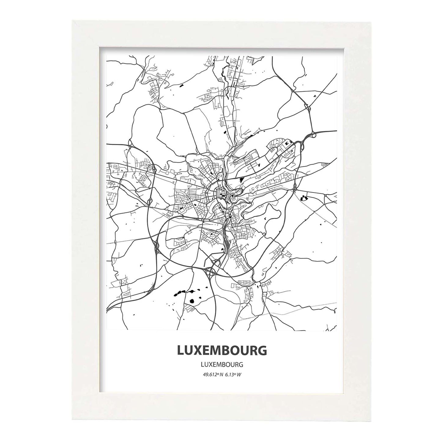 Poster con mapa de Luxemburgo - Luxemburgo. Láminas de ciudades de Europa con mares y ríos en color negro.-Artwork-Nacnic-A3-Marco Blanco-Nacnic Estudio SL