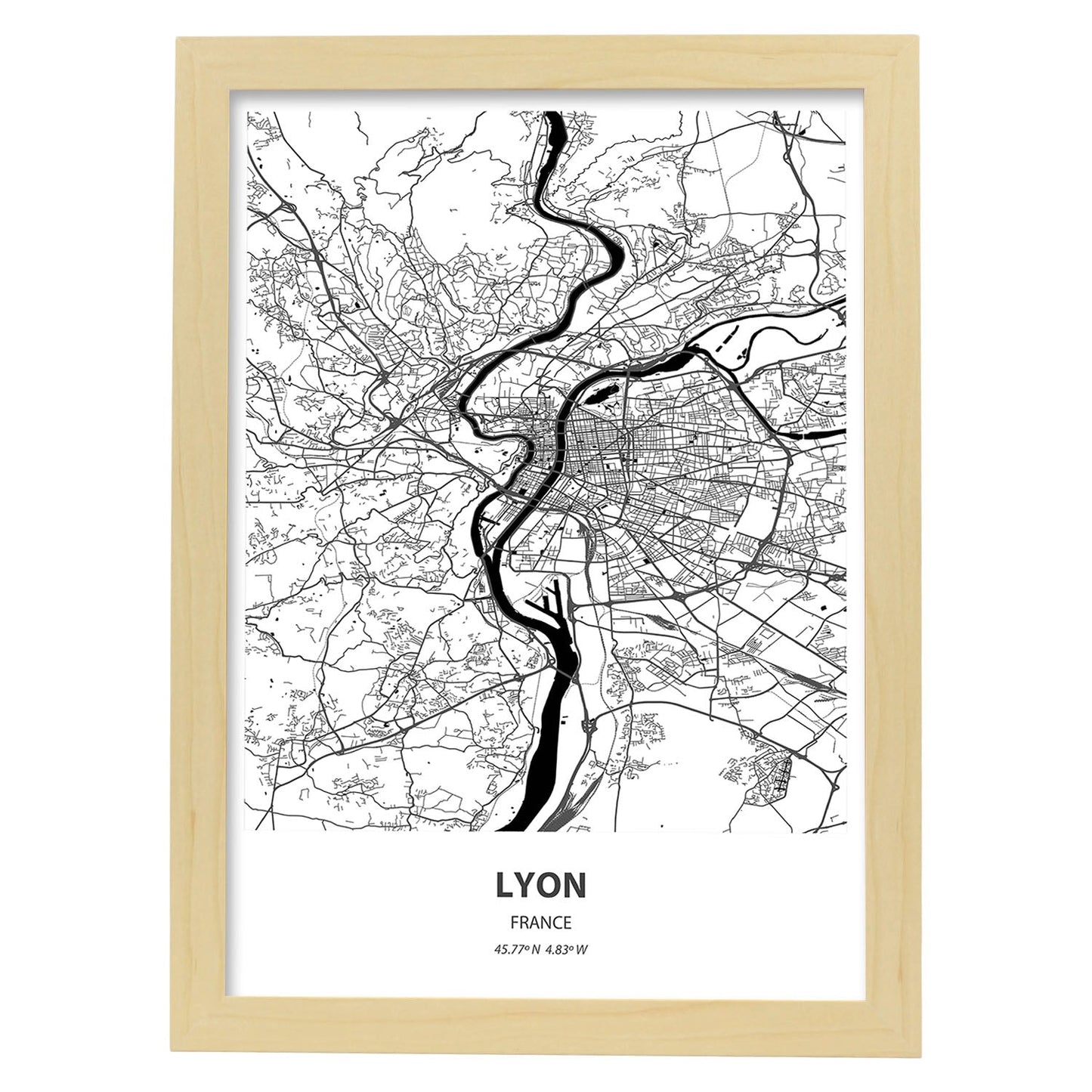 Poster con mapa de Lyon - Francia. Láminas de ciudades de Francia con mares y ríos en color negro.-Artwork-Nacnic-A4-Marco Madera clara-Nacnic Estudio SL