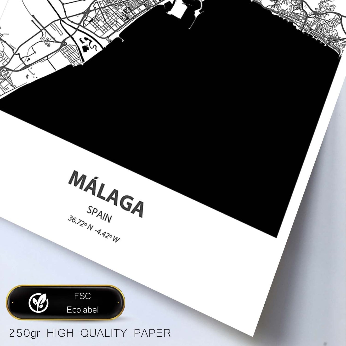 Poster con mapa de Malaga - España. Láminas de ciudades de España con mares y ríos en color negro.-Artwork-Nacnic-Nacnic Estudio SL