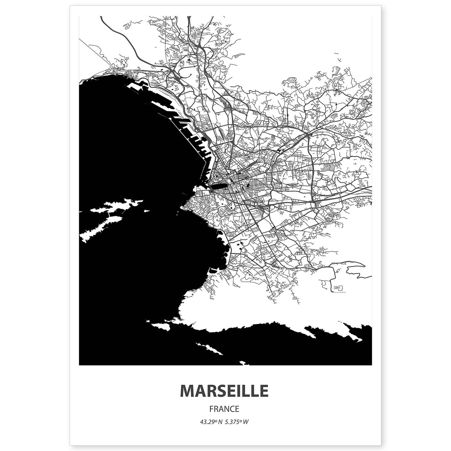 Poster con mapa de Marselle - Francia. Láminas de ciudades de Francia con mares y ríos en color negro.-Artwork-Nacnic-A4-Sin marco-Nacnic Estudio SL