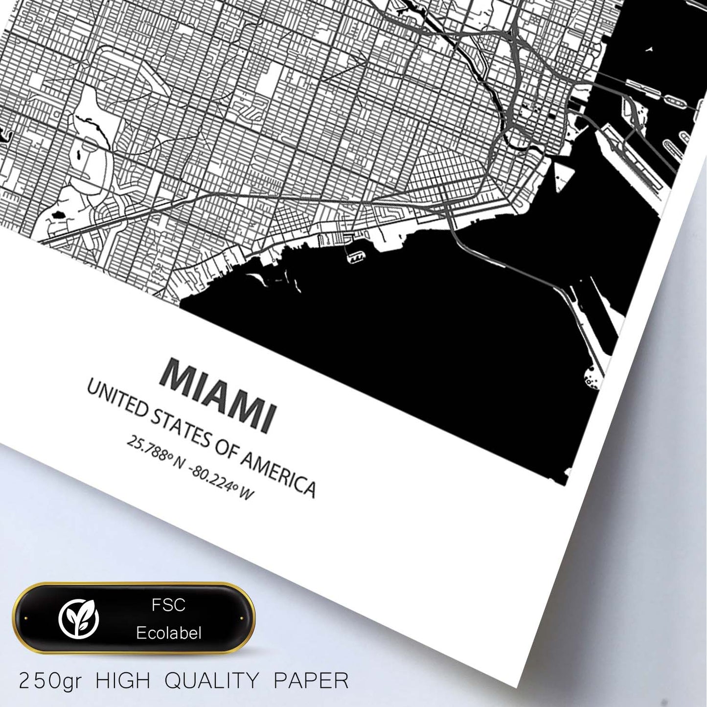 Poster con mapa de Miami - USA. Láminas de ciudades de Estados Unidos con mares y ríos en color negro.-Artwork-Nacnic-Nacnic Estudio SL